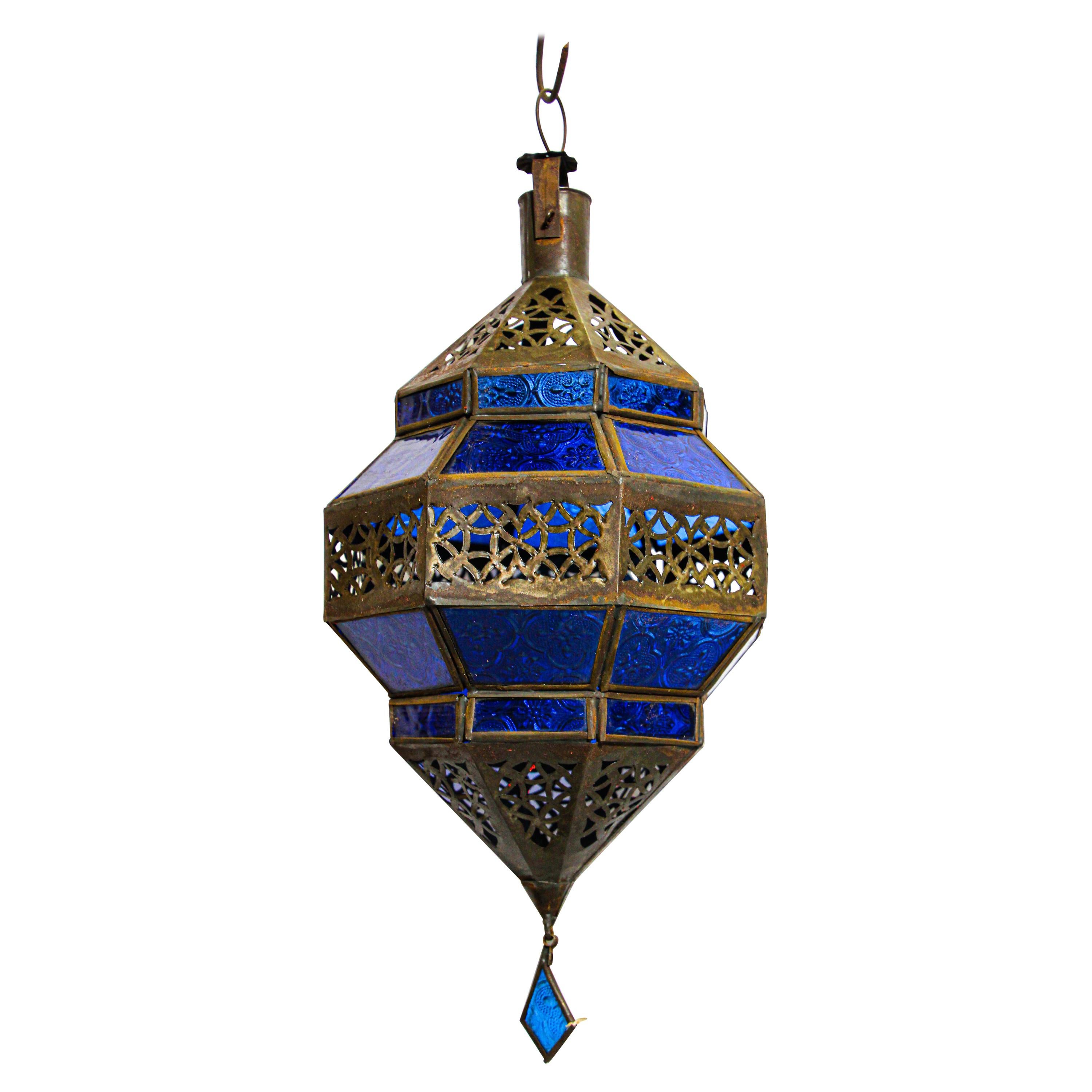 Handcrafted Moroccan Blue Glass Lantern, Metal Octagonal Diamond Shape For Sale