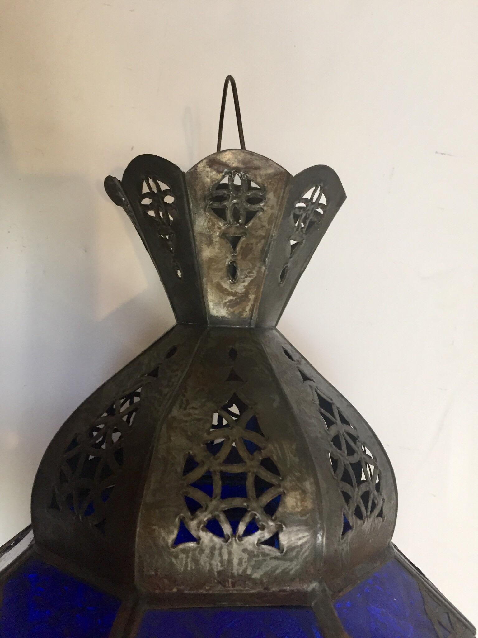 Handcrafted Moroccan Metal and Blue Glass Lantern, Octagonal Shape For Sale 7
