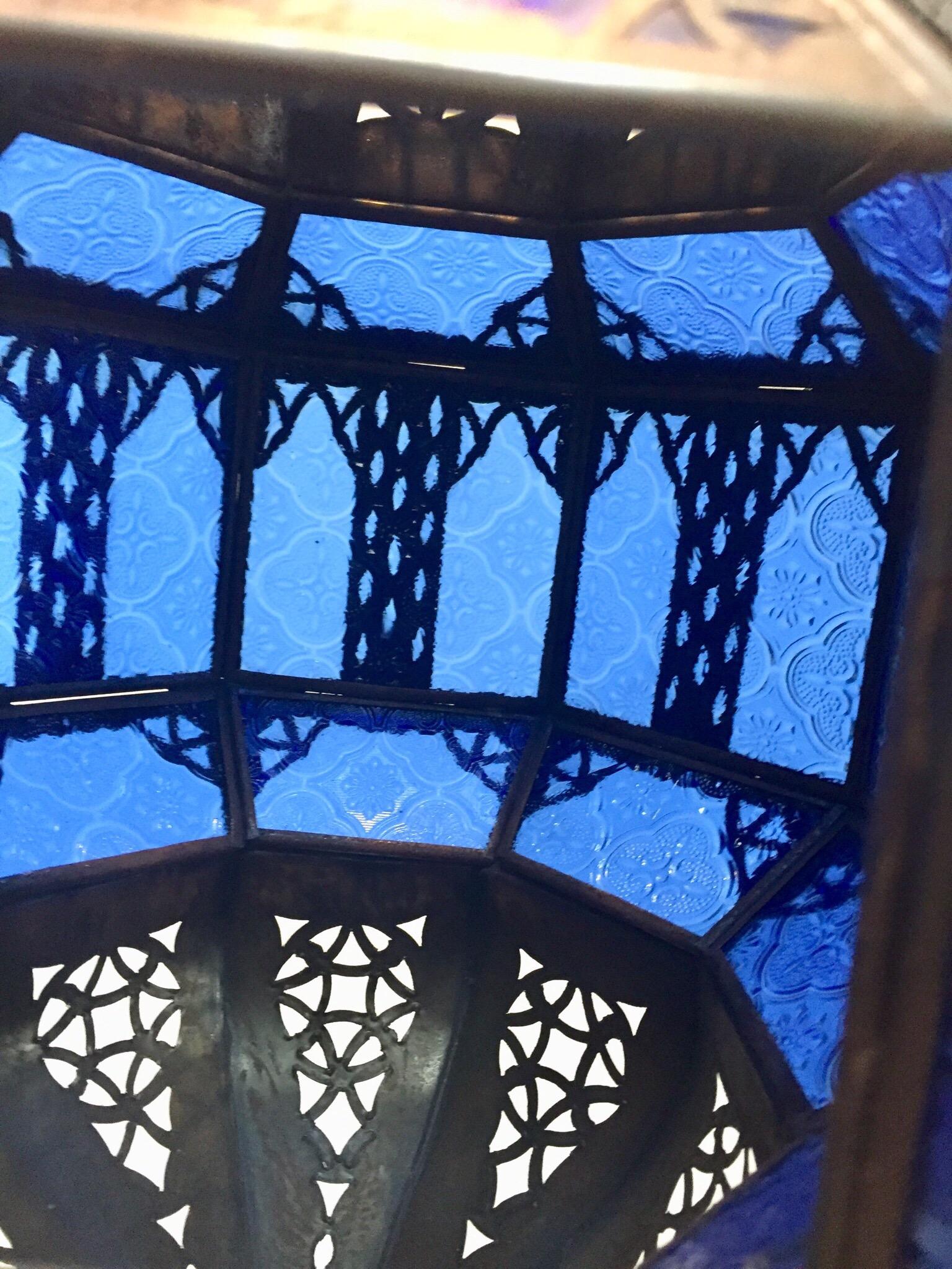 Moorish Handcrafted Moroccan Metal and Blue Glass Lantern, Octagonal Shape For Sale