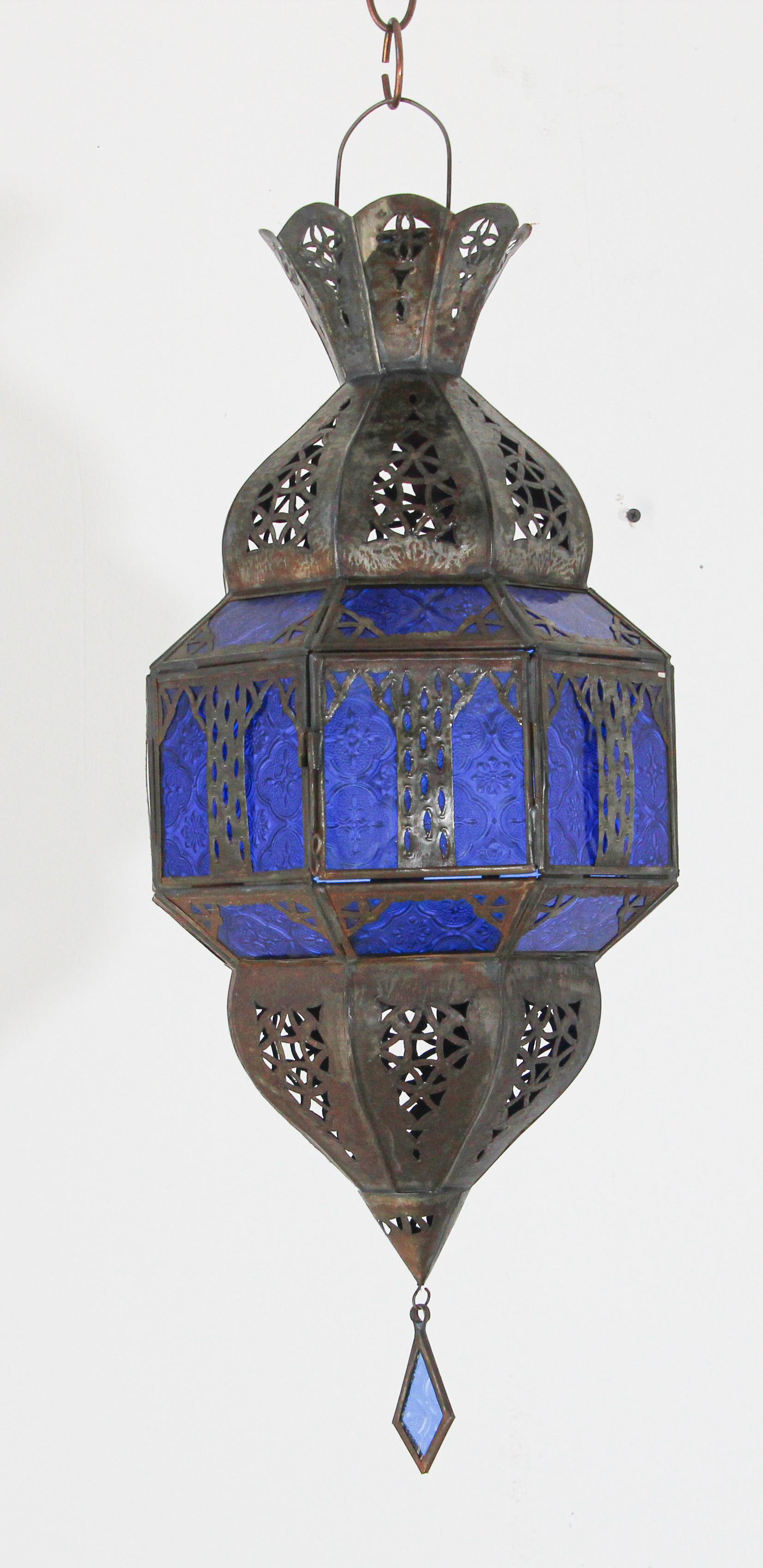 Moorish Handcrafted Moroccan Metal and Blue Glass Lantern, Octagonal Shape