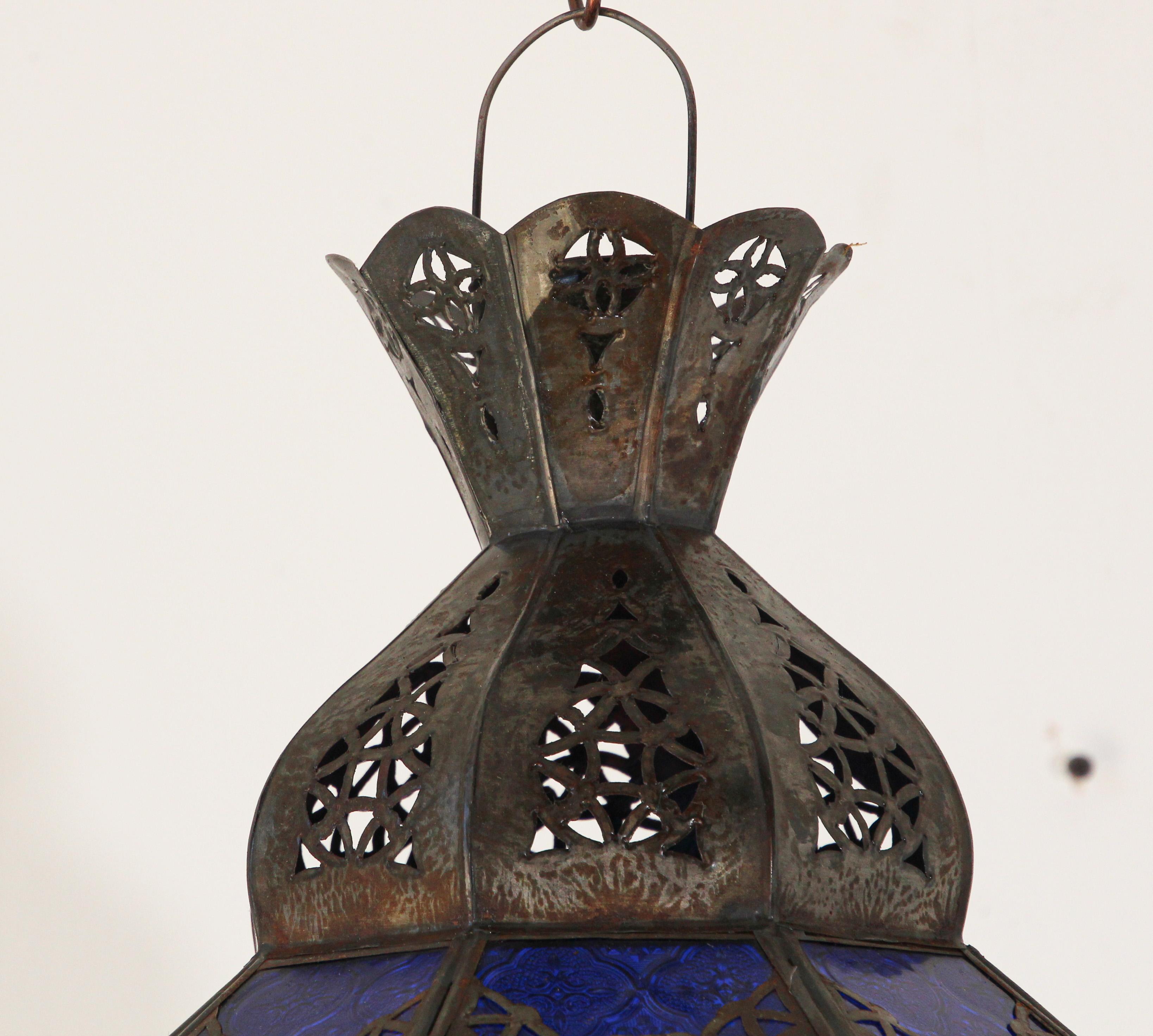 Hand-Crafted Handcrafted Moroccan Metal and Blue Glass Lantern, Octagonal Shape
