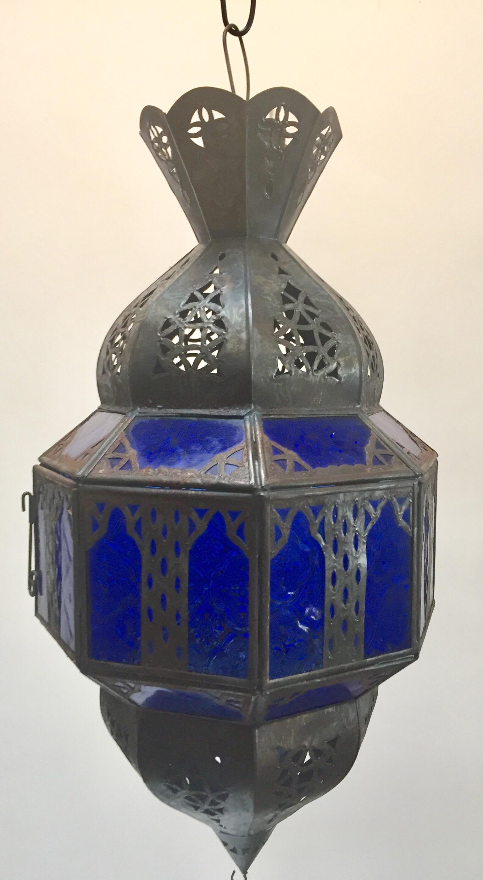 Handcrafted Moroccan Metal and Blue Glass Lantern, Octagonal Shape In Good Condition For Sale In North Hollywood, CA