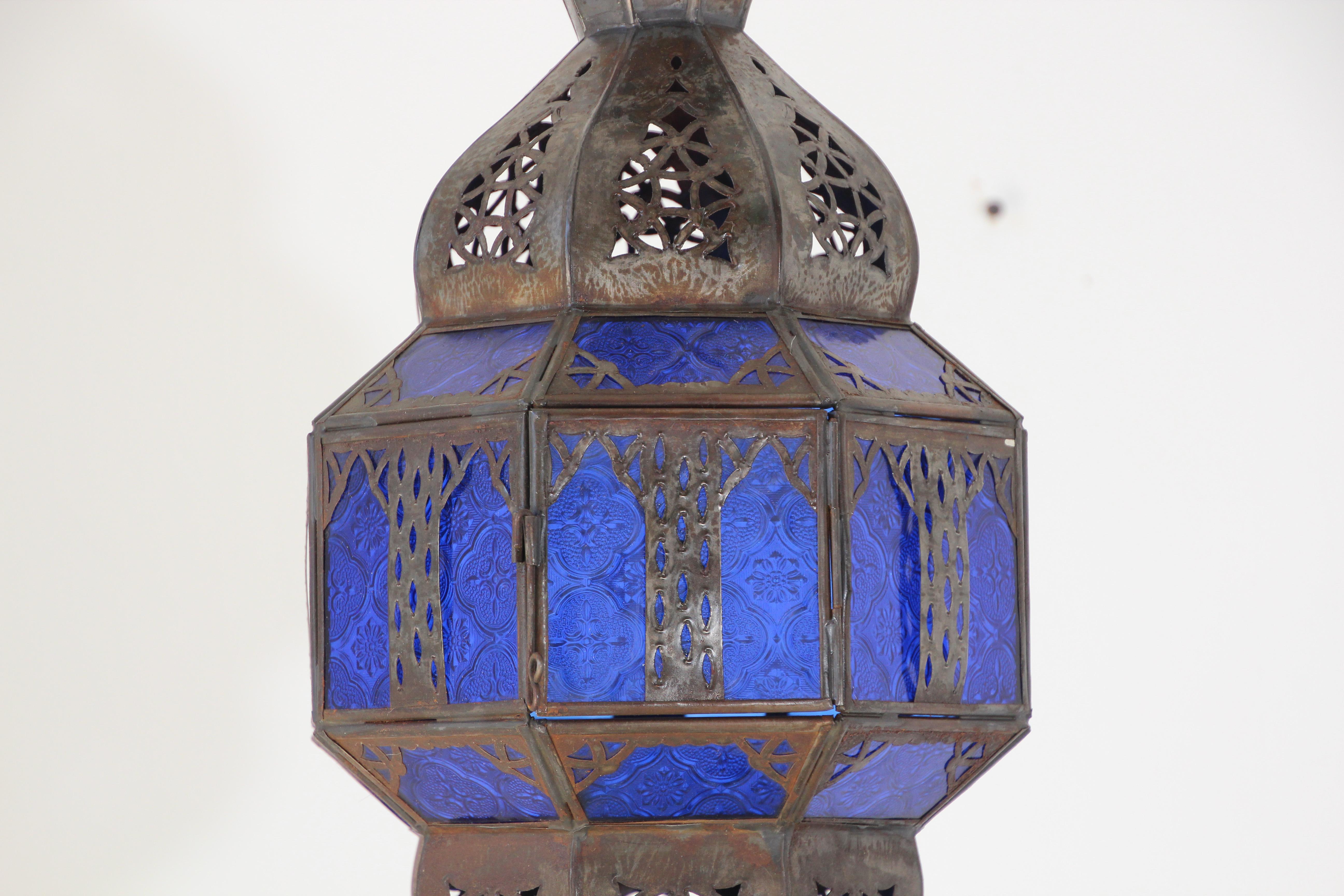 Handcrafted Moroccan Metal and Blue Glass Lantern, Octagonal Shape In Good Condition In North Hollywood, CA