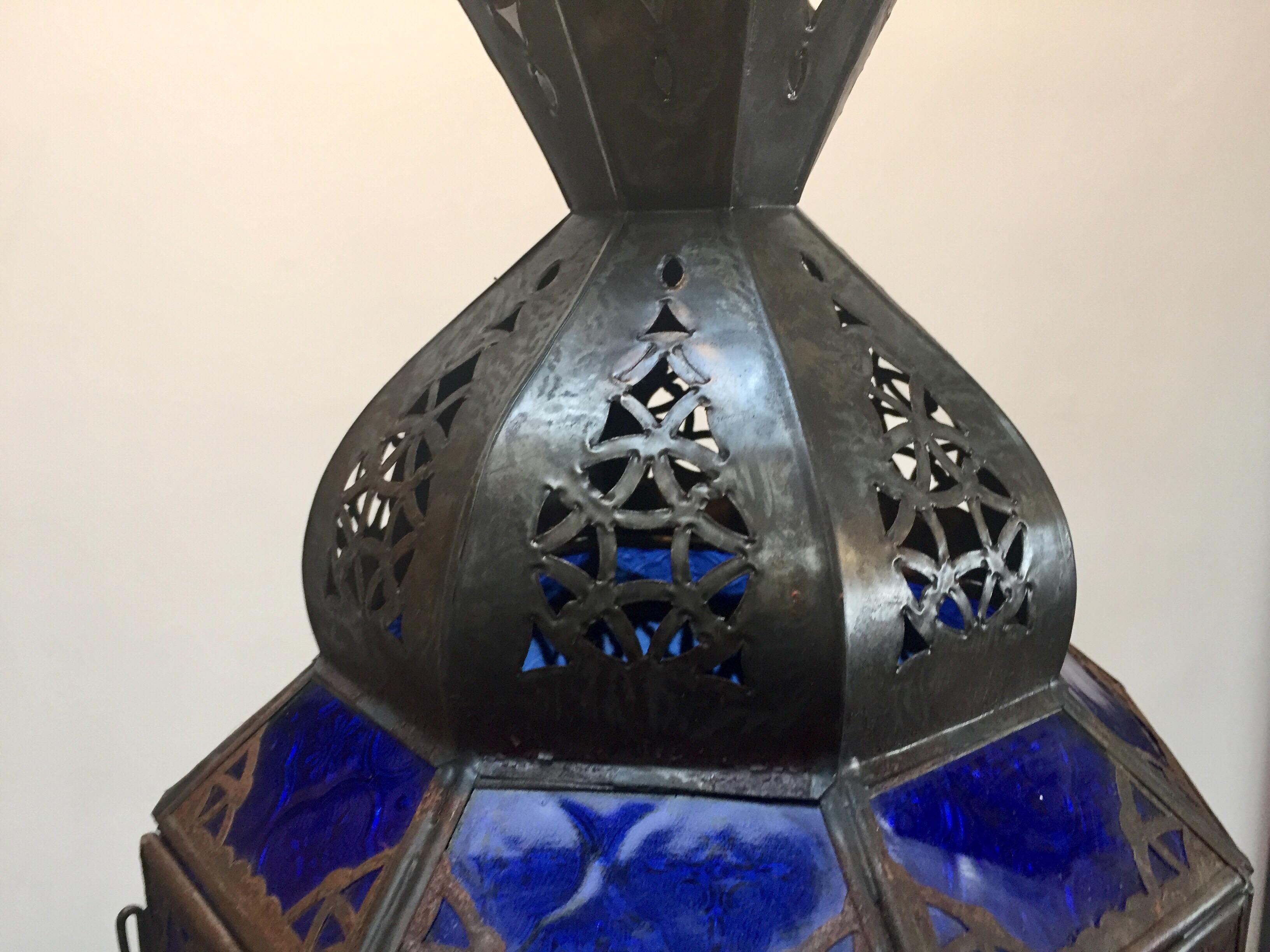 20th Century Handcrafted Moroccan Metal and Blue Glass Lantern, Octagonal Shape For Sale