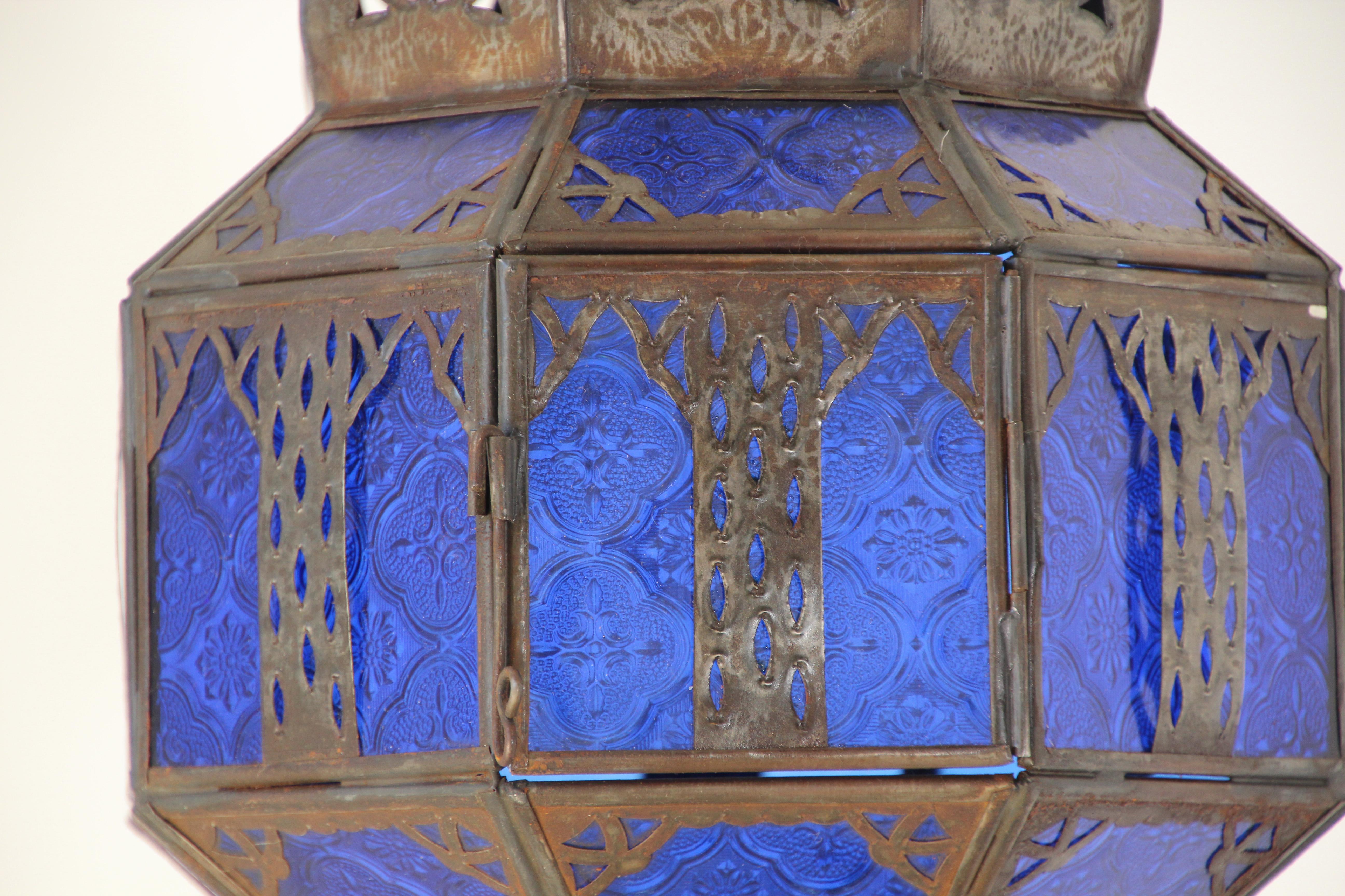 20th Century Handcrafted Moroccan Metal and Blue Glass Lantern, Octagonal Shape