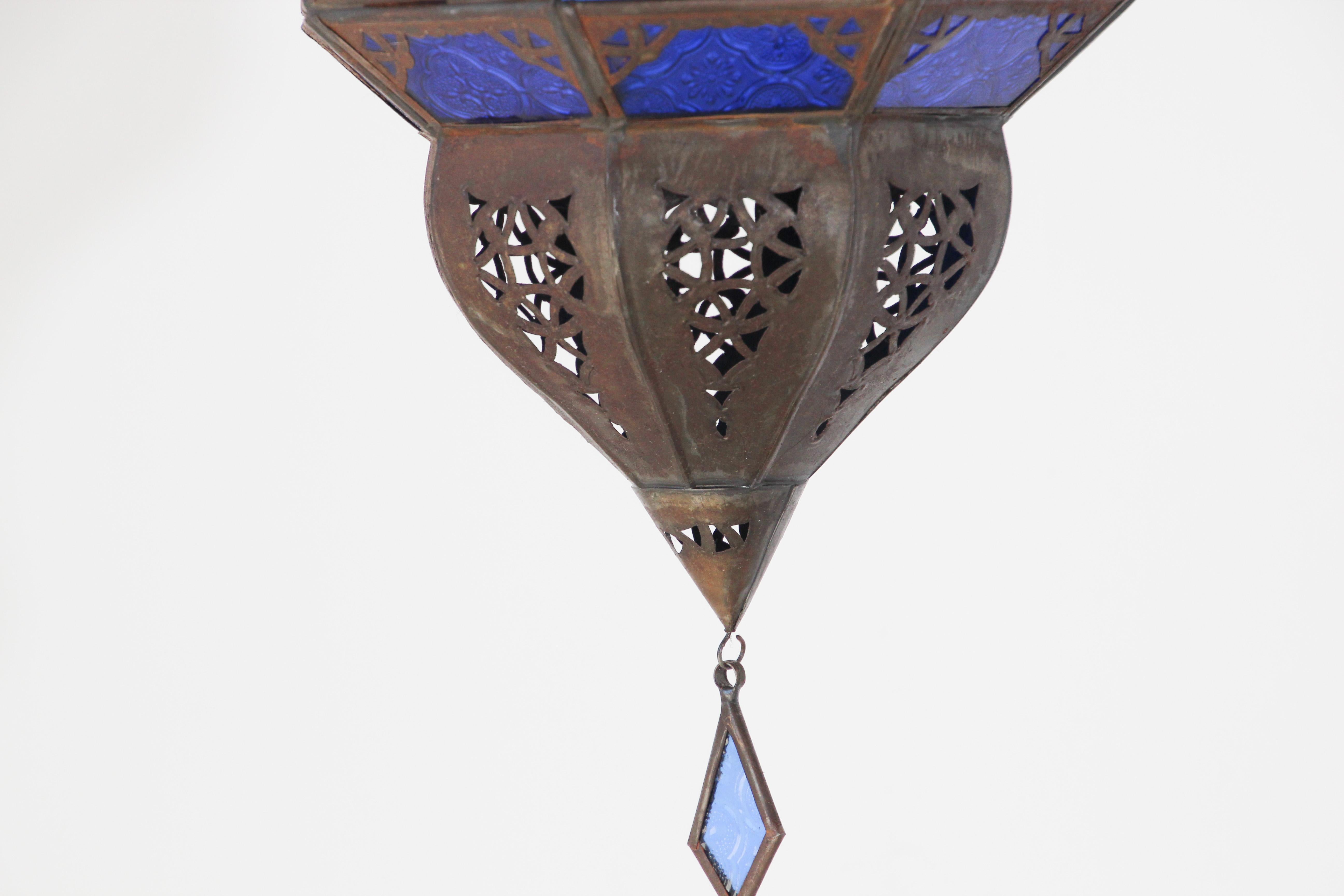 Handcrafted Moroccan Metal and Blue Glass Lantern, Octagonal Shape 1