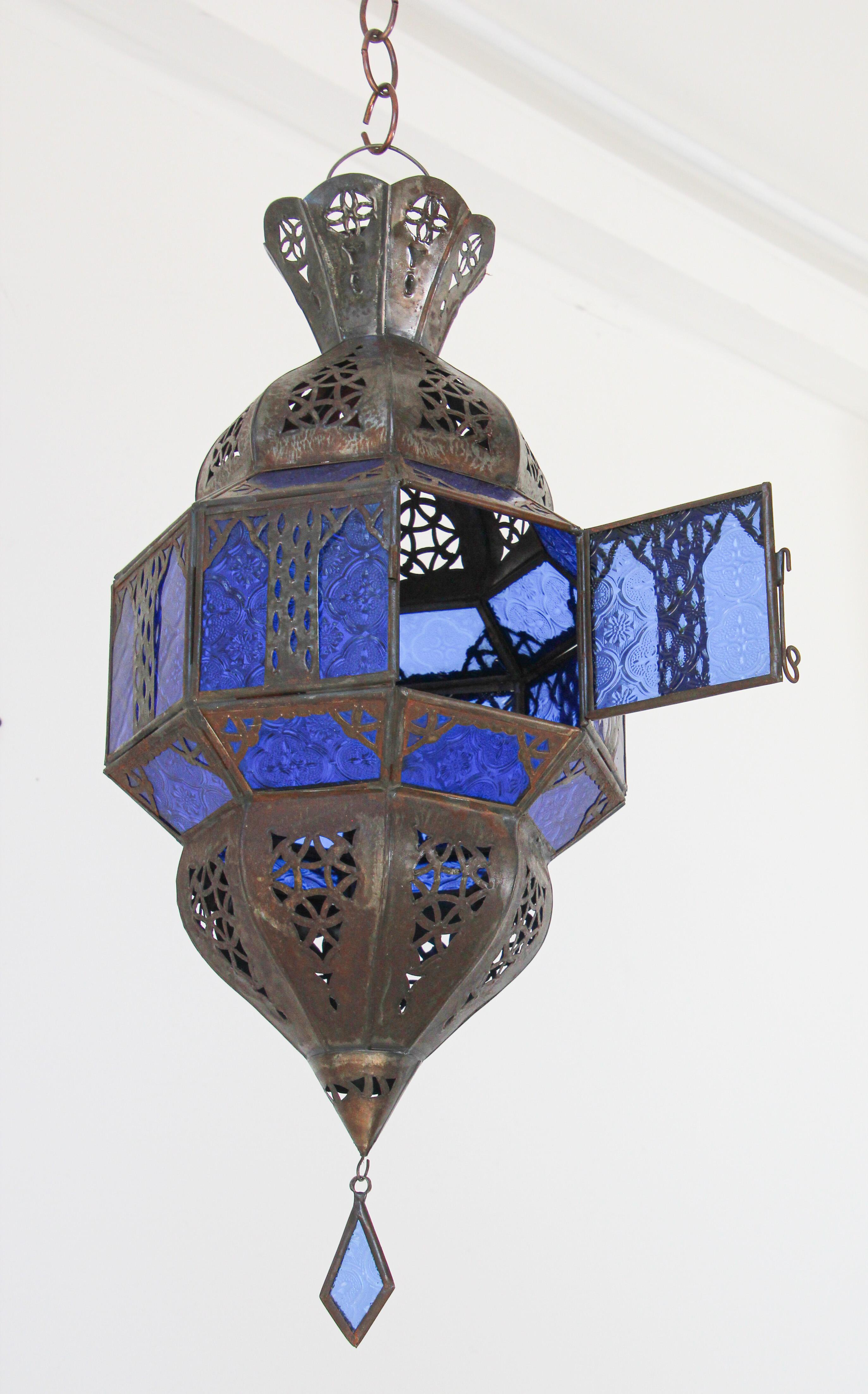 Handcrafted Moroccan Metal and Blue Glass Lantern, Octagonal Shape 2