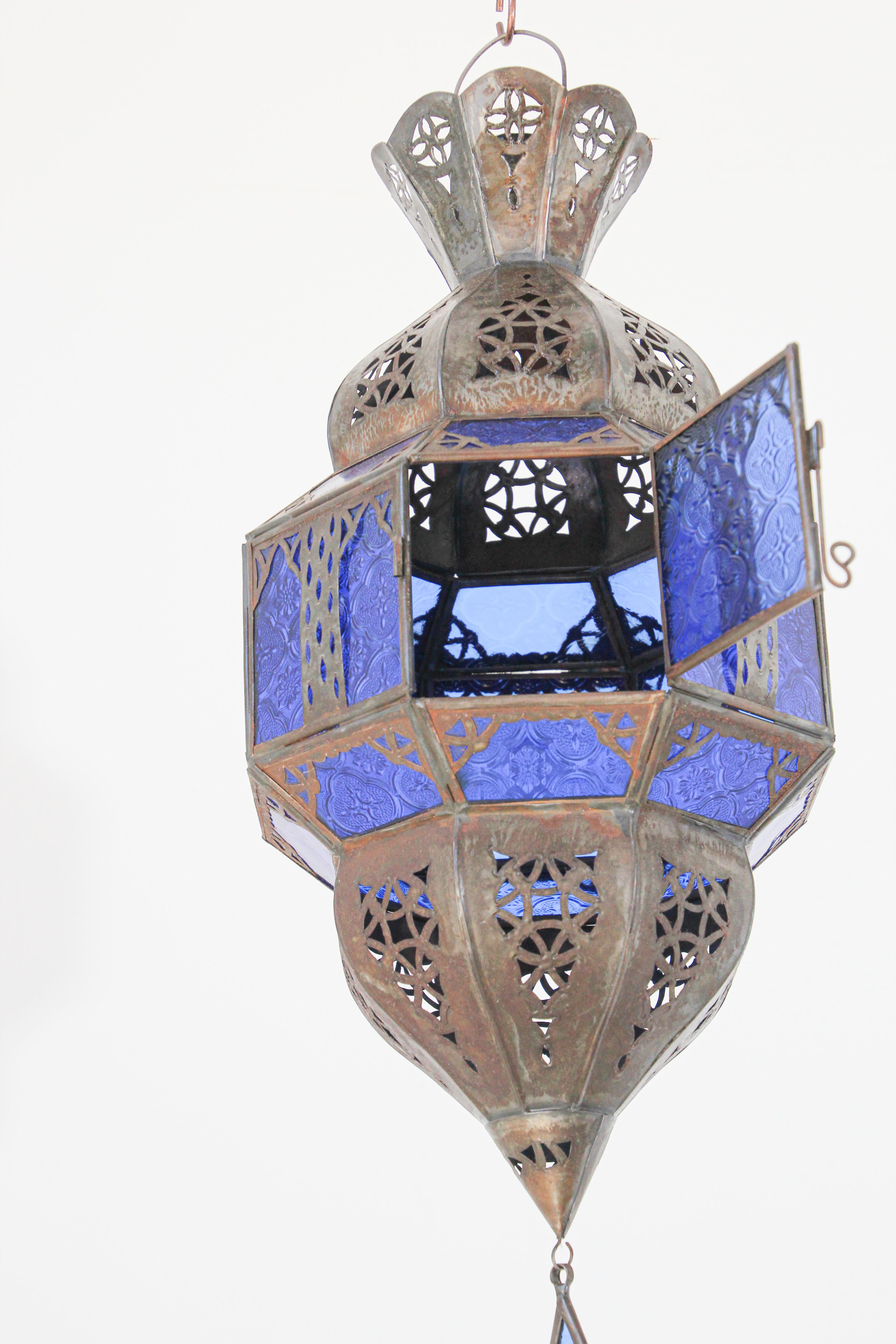 Handcrafted Moroccan Metal and Blue Glass Lantern, Octagonal Shape 3