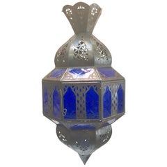 Handcrafted Moroccan Metal and Blue Glass Lantern, Octagonal Shape