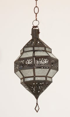 Vintage Moroccan Metal and Clear Glass Lantern, Octagonal Shape