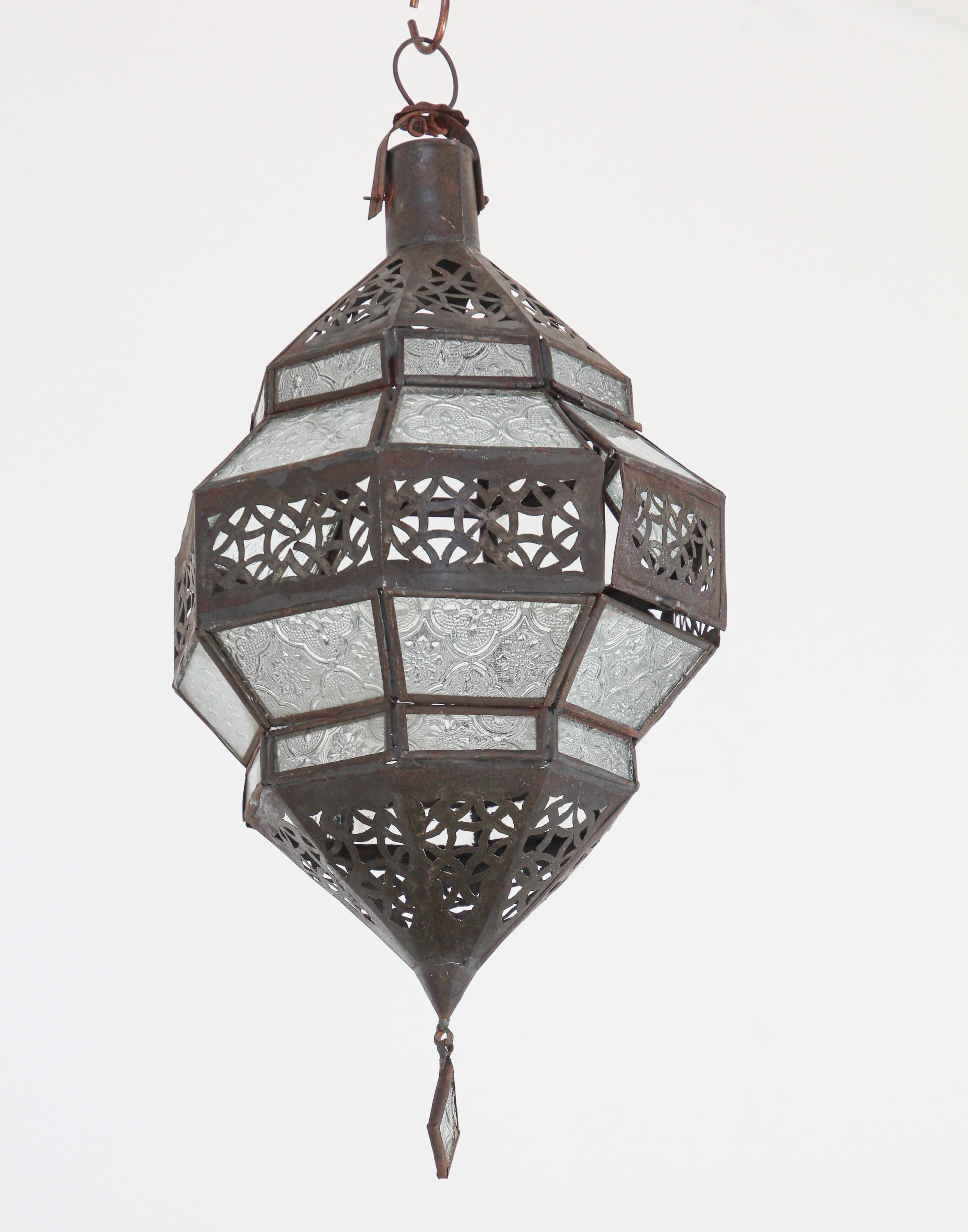Moorish Vintage Moroccan Metal and Clear Glass Lantern, Octagonal Shape For Sale