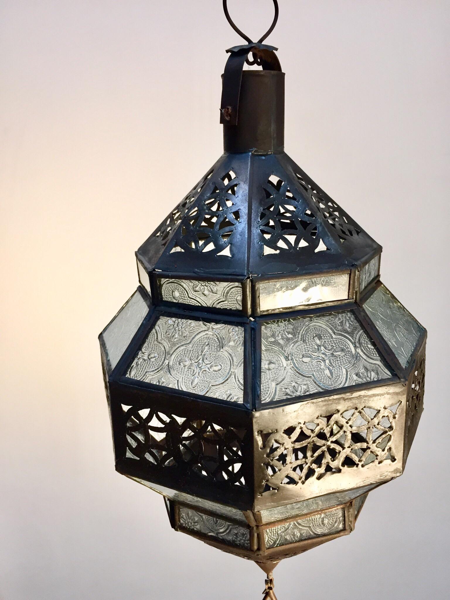 Hand-Crafted Handcrafted Moroccan Metal Lantern, Octagonal Shape with Clear Glass