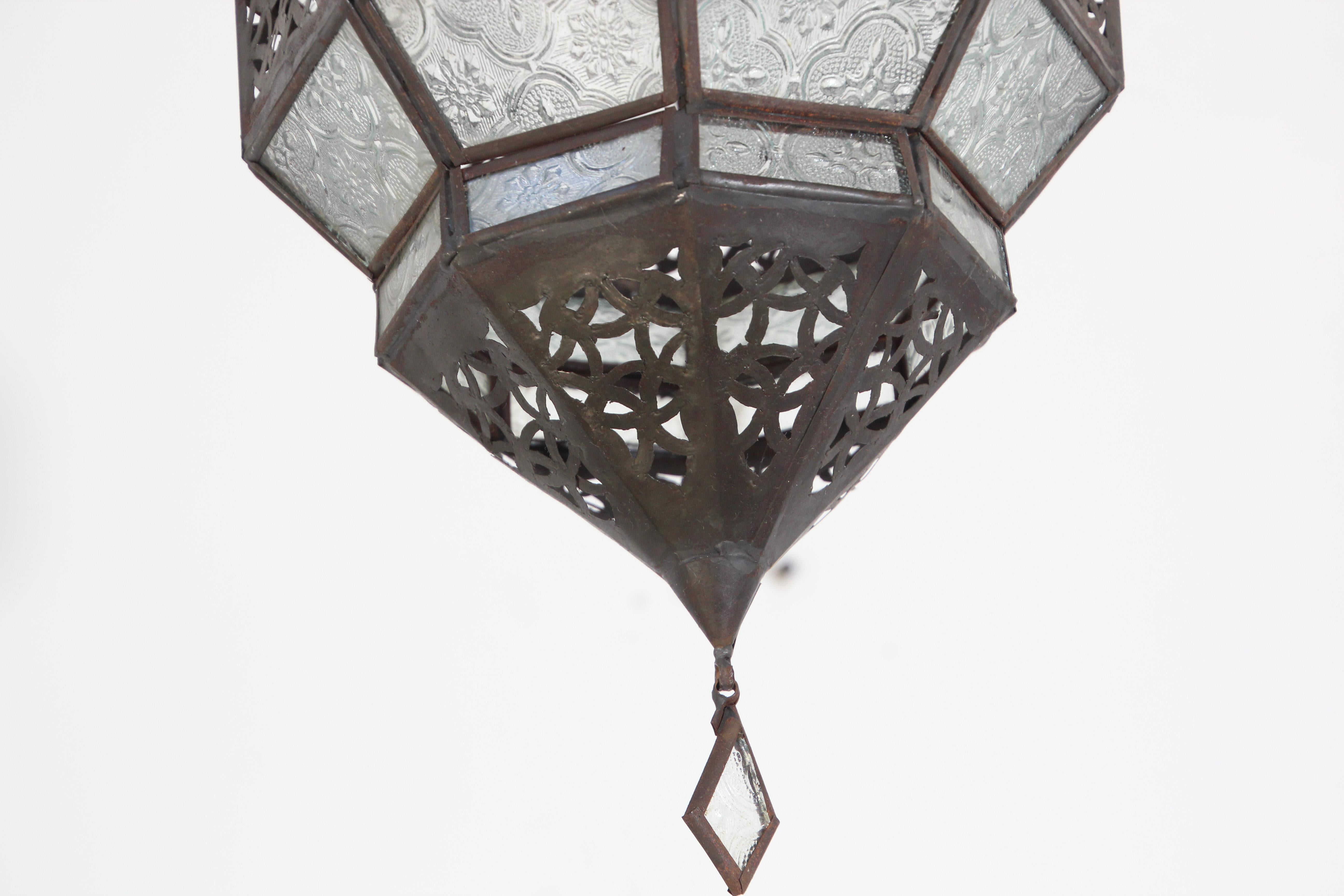 Hand-Crafted Vintage Moroccan Metal and Clear Glass Lantern, Octagonal Shape For Sale