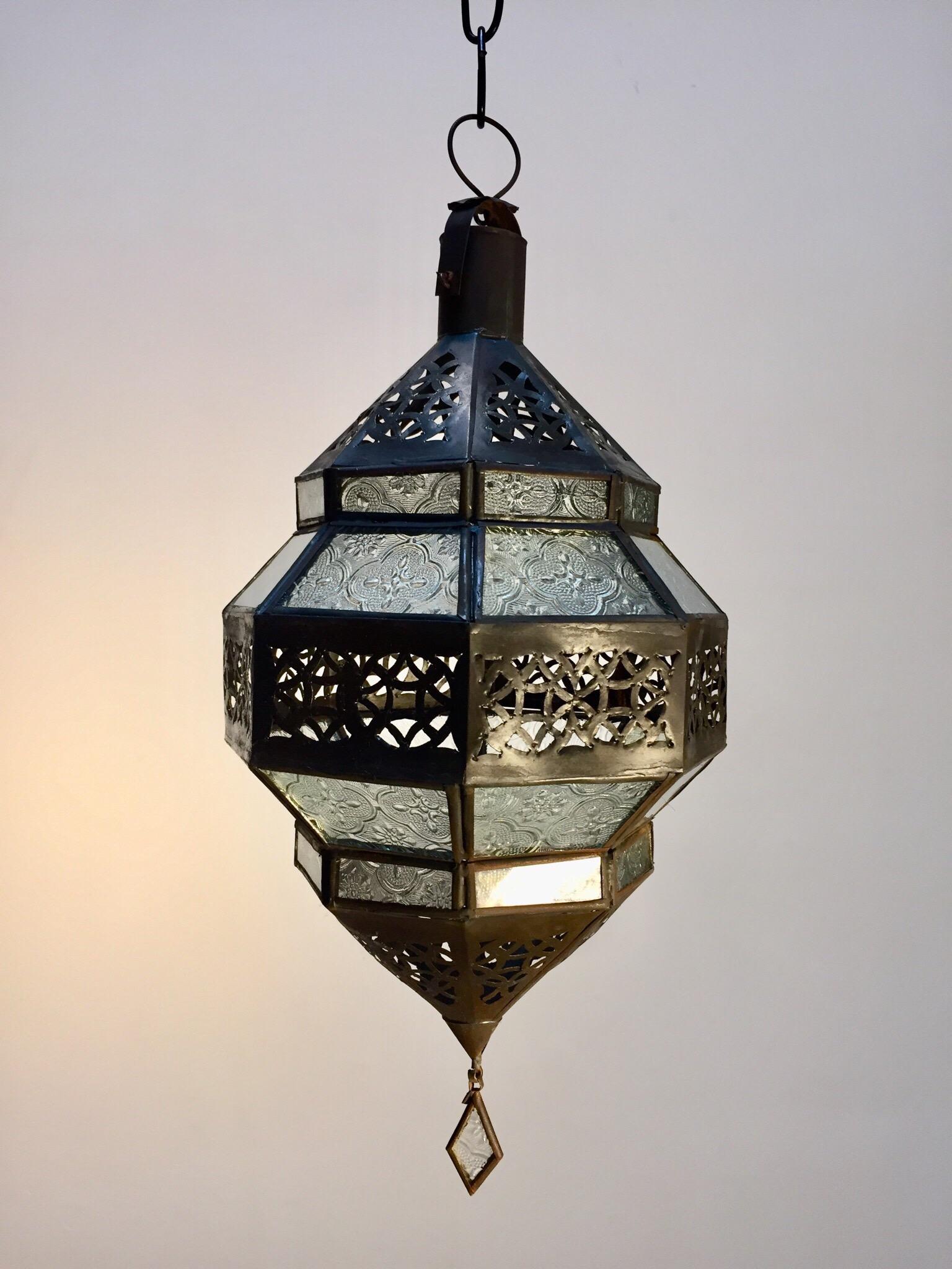 Handcrafted Moroccan Metal Lantern, Octagonal Shape with Clear Glass In Good Condition In North Hollywood, CA