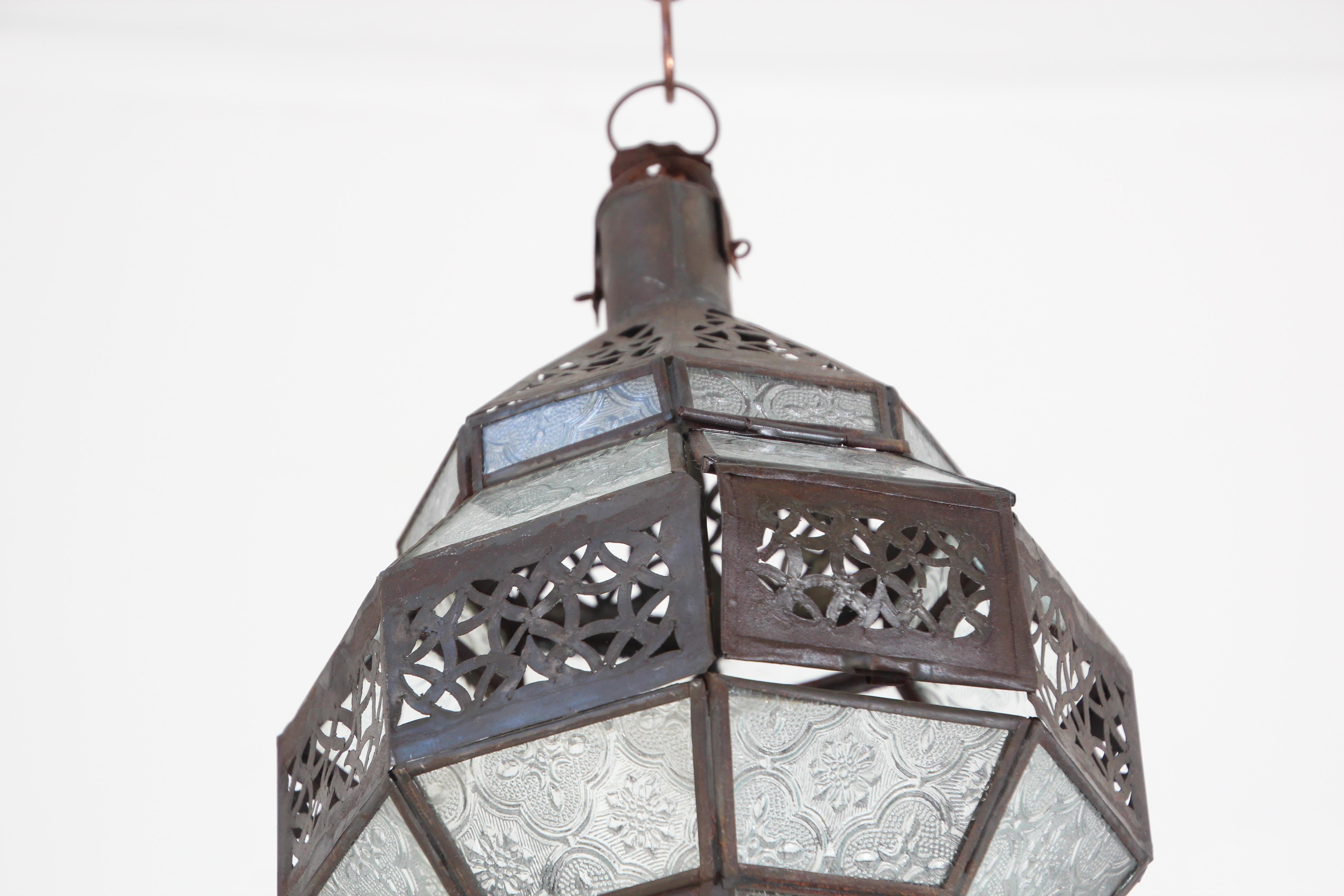 Vintage Moroccan Metal and Clear Glass Lantern, Octagonal Shape In Good Condition For Sale In North Hollywood, CA