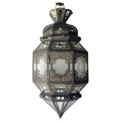 Vintage Handcrafted Moroccan Metal and Clear Glass Lantern, Octagonal Shape