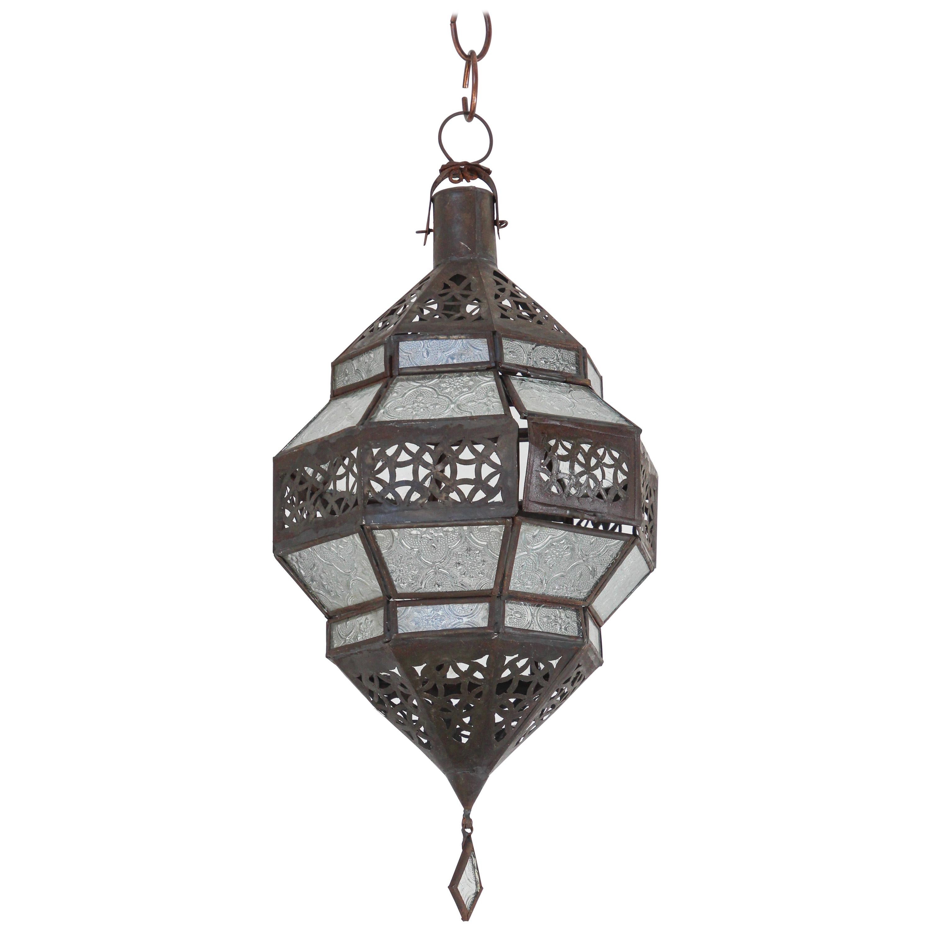 Vintage Moroccan Metal and Clear Glass Lantern, Octagonal Shape