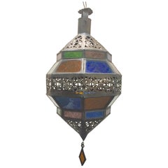 Handcrafted Moroccan Metal and Multi-Color Glass Lantern Octagonal Diamond Shape