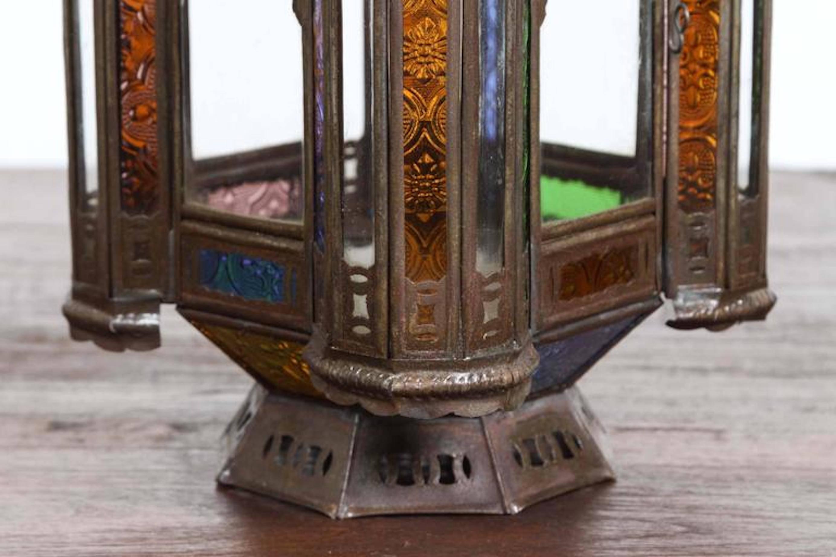 Hand-Crafted Vintage Moroccan Moorish Glass Lantern For Sale