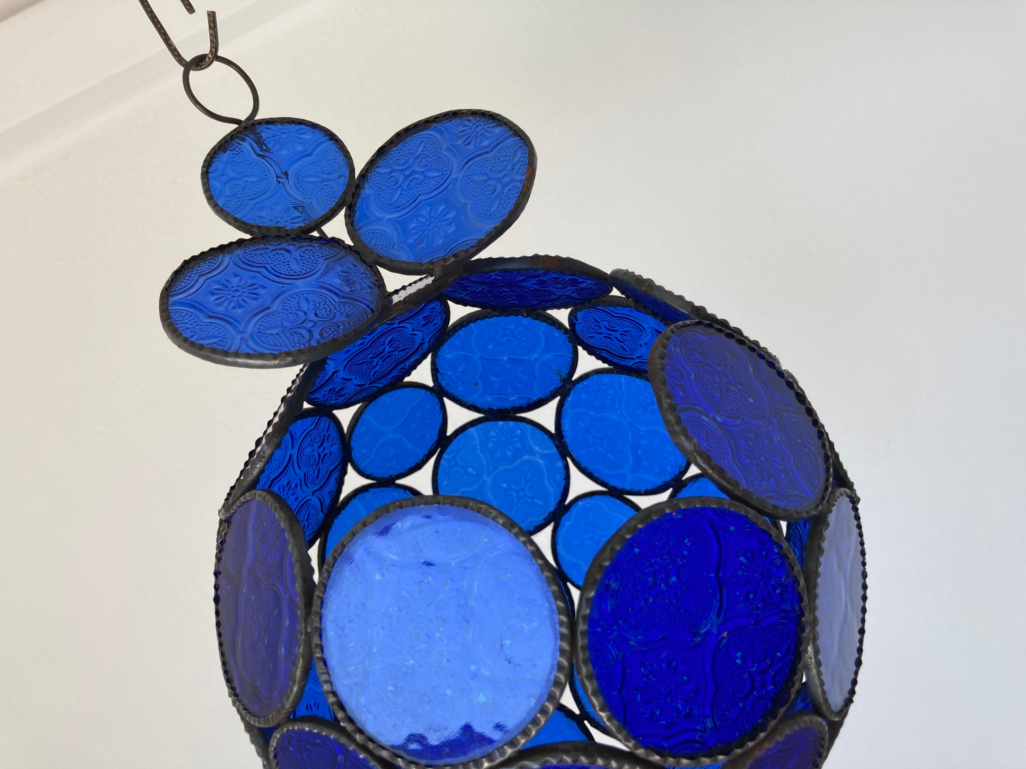 Handcrafted Moroccan Moorish Glass Orb Lantern with Blue Glass For Sale 4
