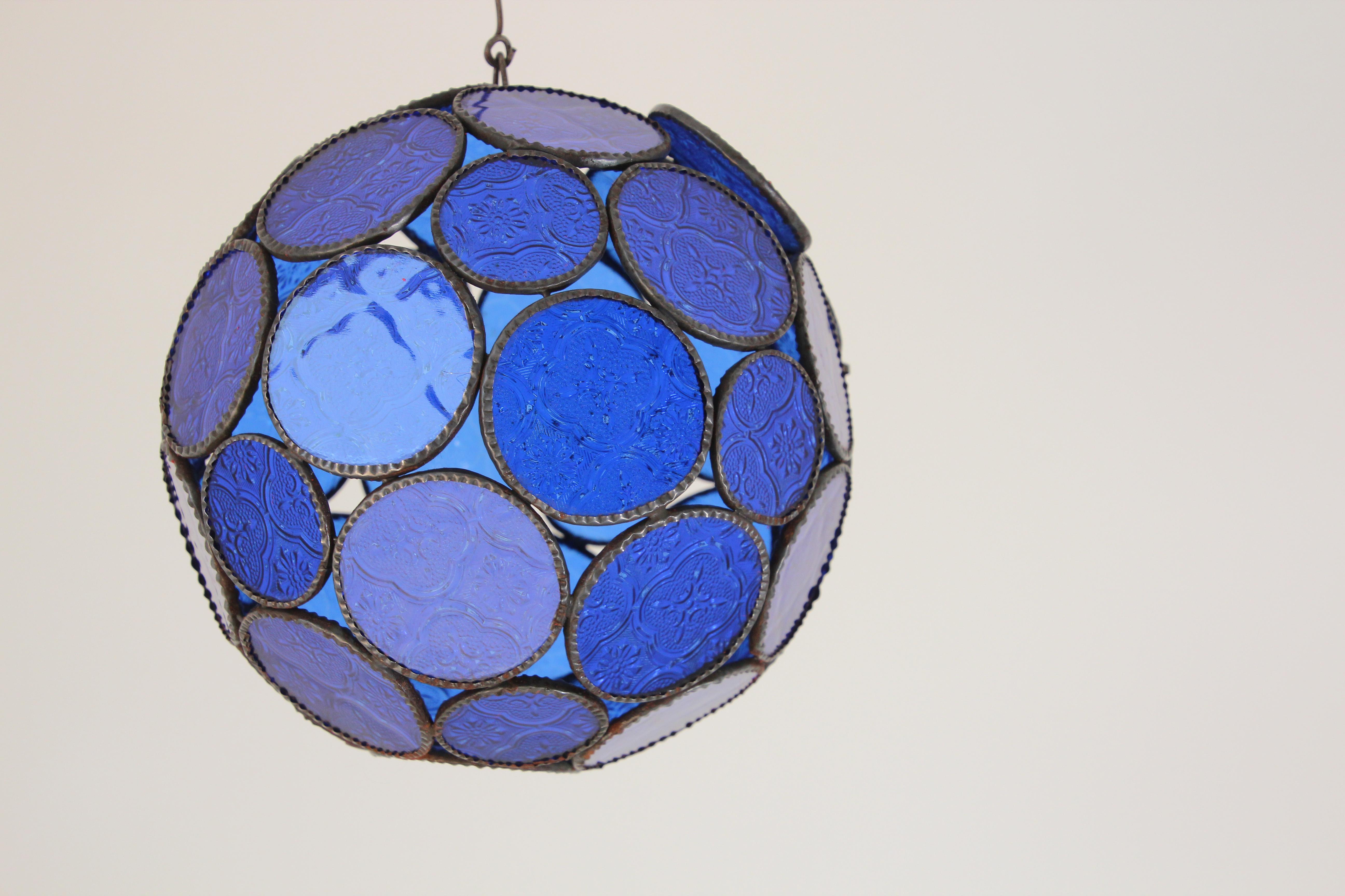 Handcrafted Moroccan Moorish Glass Orb Lantern with Blue Glass For Sale 5