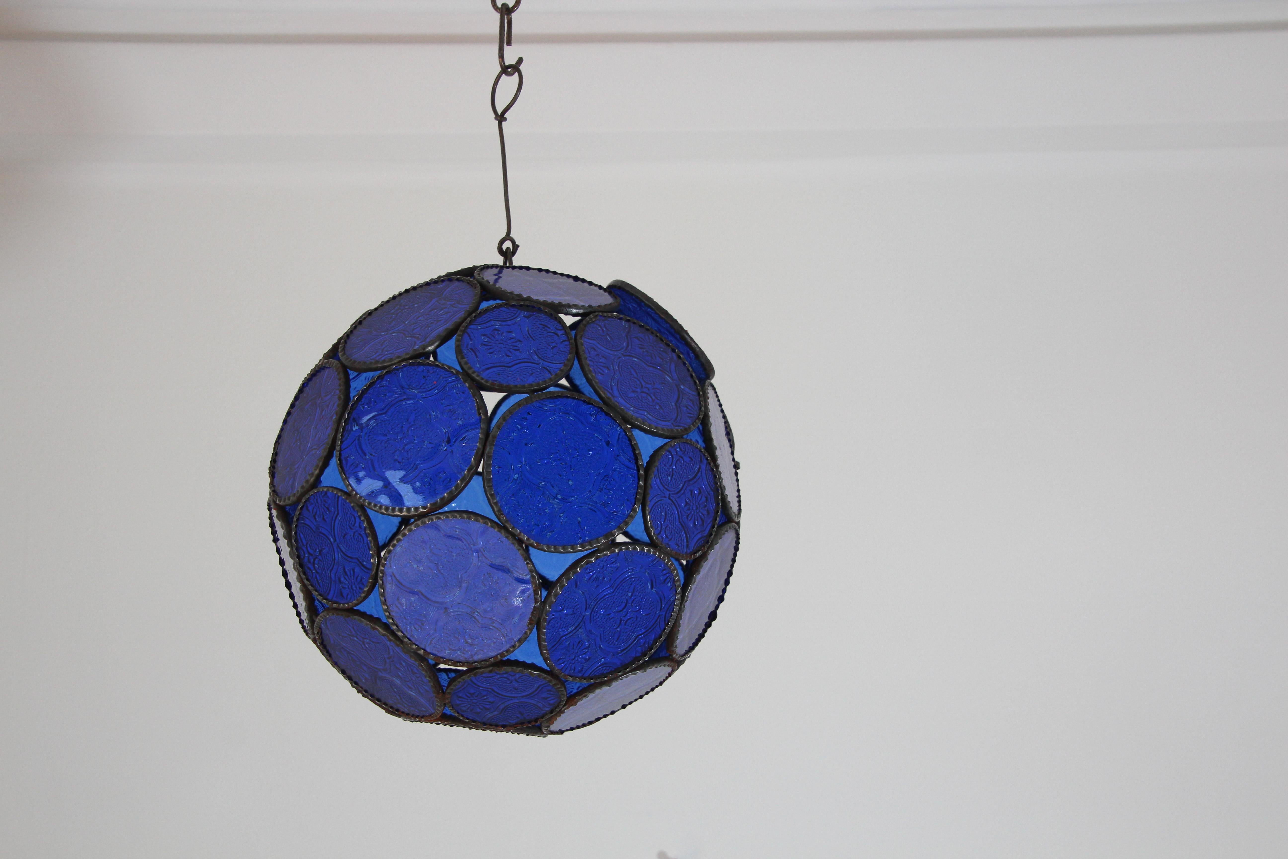 Handcrafted Moroccan Moorish Glass Orb Lantern with Blue Glass For Sale 6