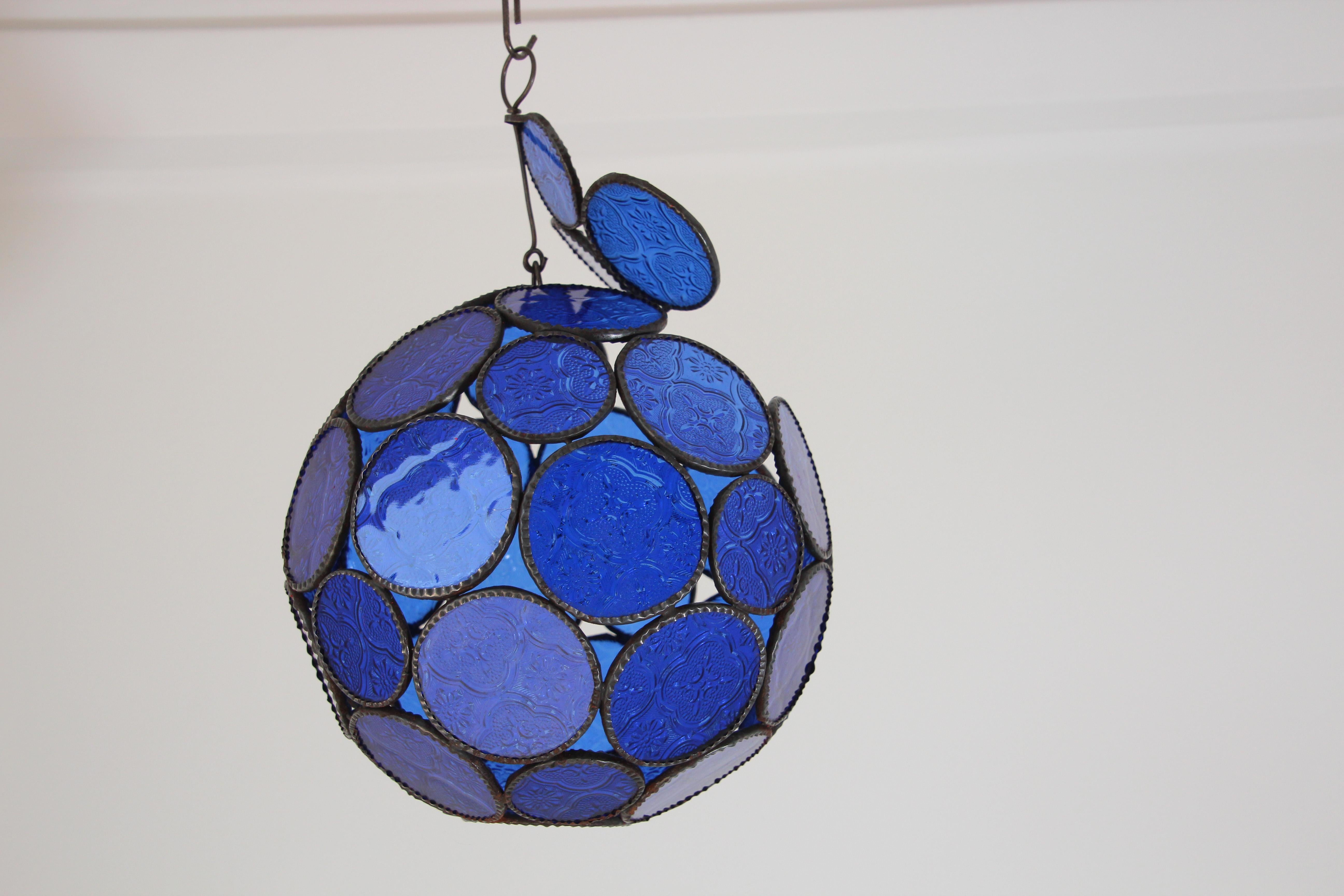 Handcrafted Moroccan Moorish Glass Orb Lantern with Blue Glass For Sale 10