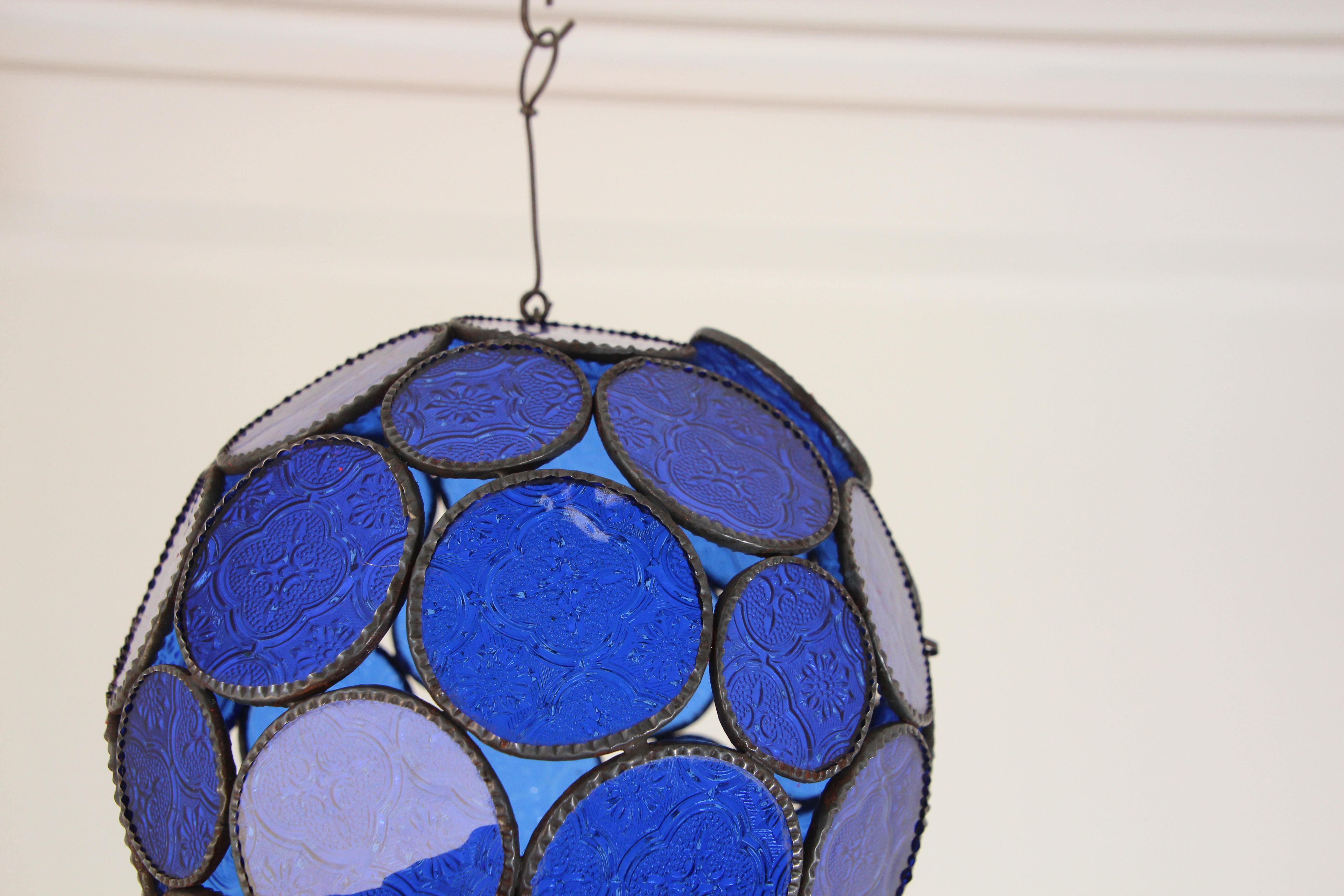 Handcrafted Moroccan Moorish Glass Orb Lantern with Blue Glass For Sale 13