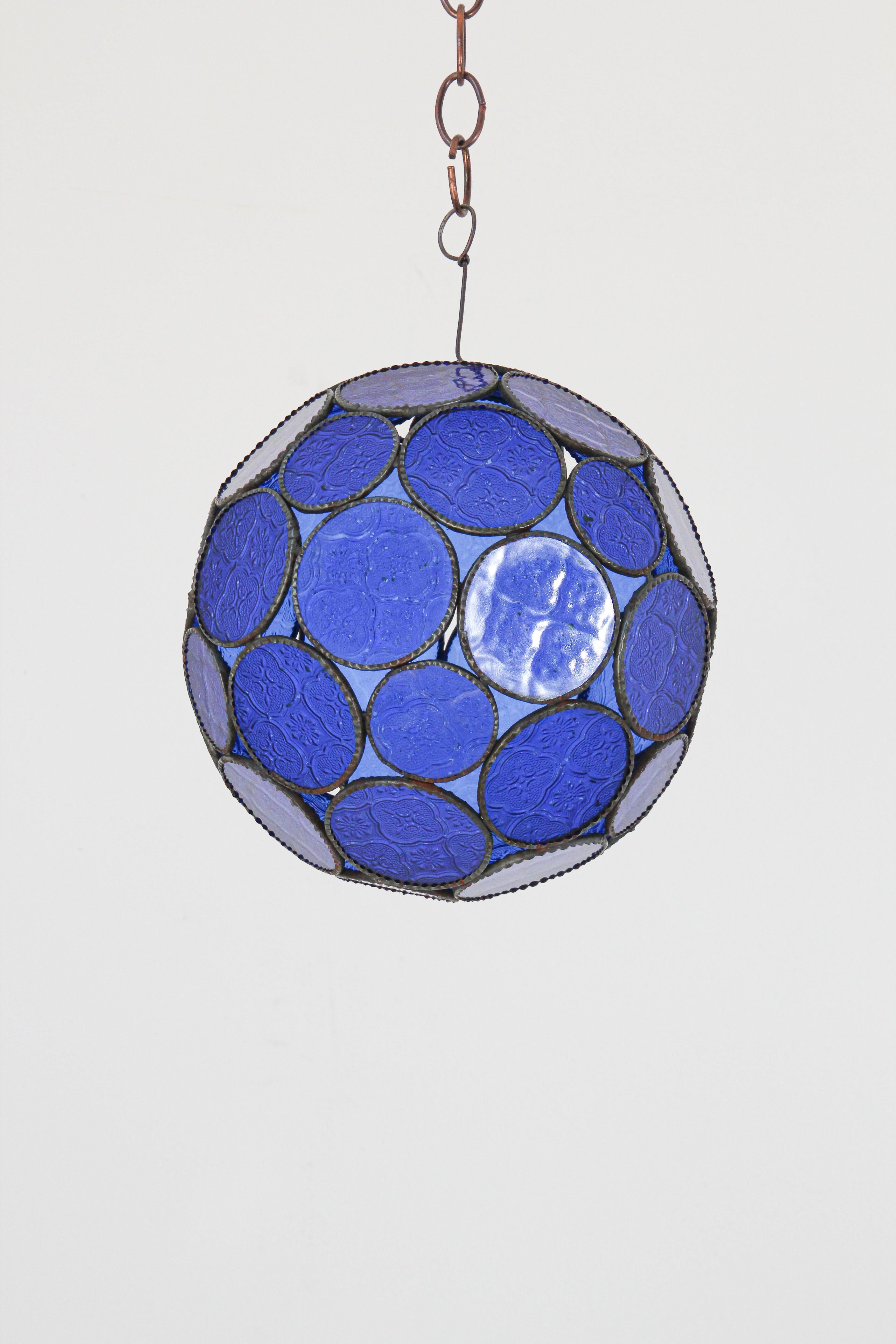 Hand-Crafted Handcrafted Moroccan Moorish Glass Orb Lantern with Blue Glass For Sale