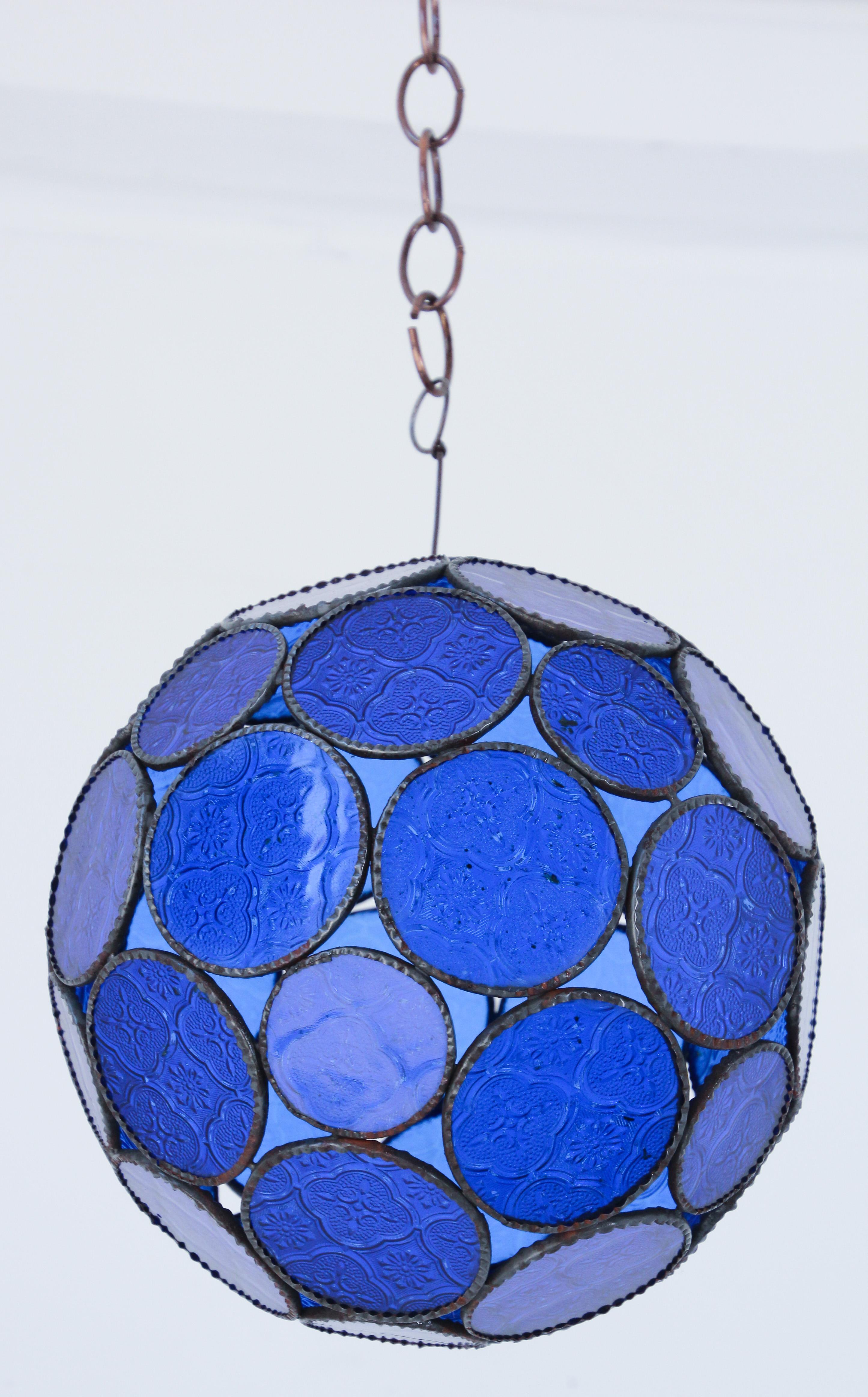 20th Century Handcrafted Moroccan Moorish Glass Orb Lantern with Blue Glass For Sale
