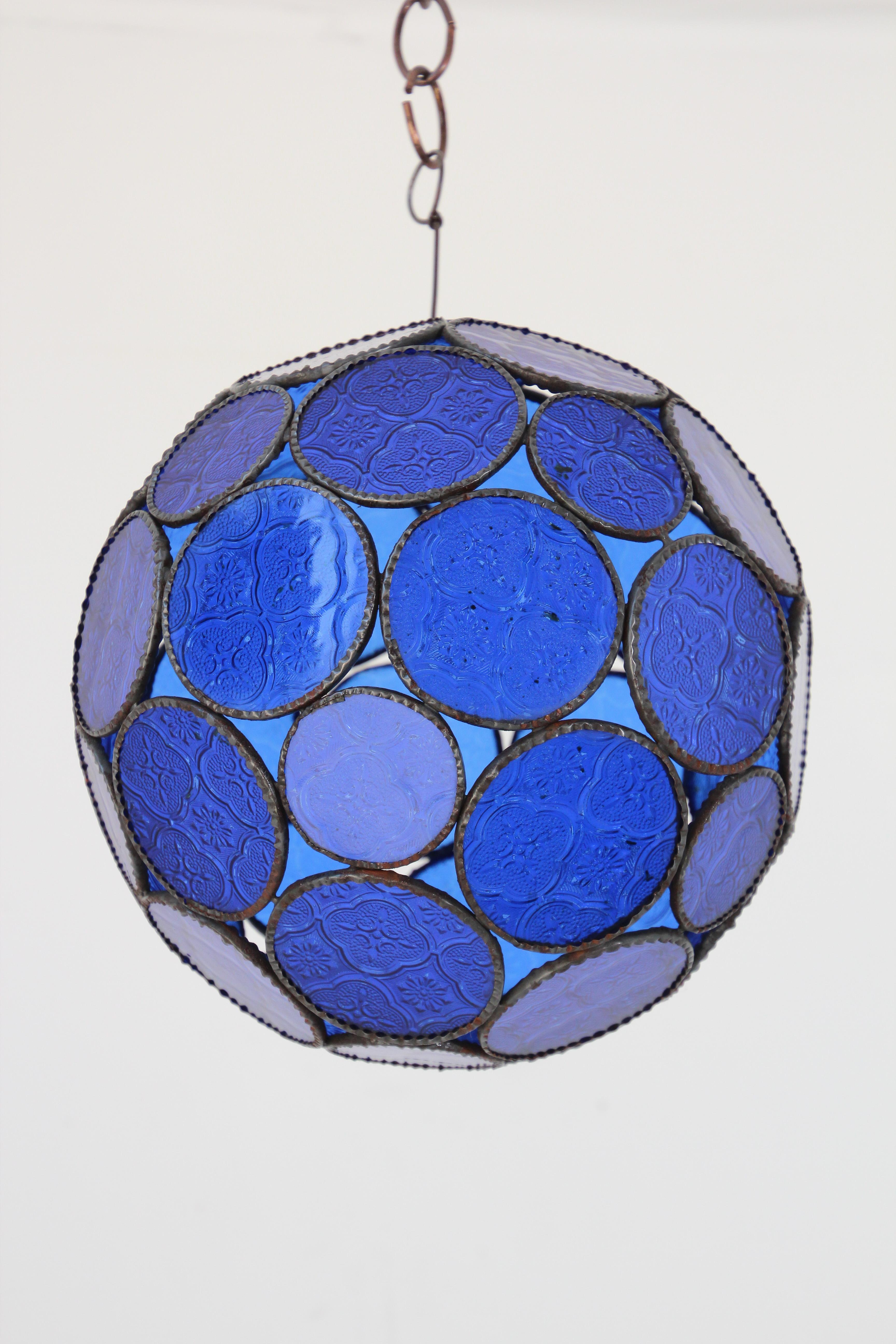 Cut Glass Handcrafted Moroccan Moorish Glass Orb Lantern with Blue Glass For Sale