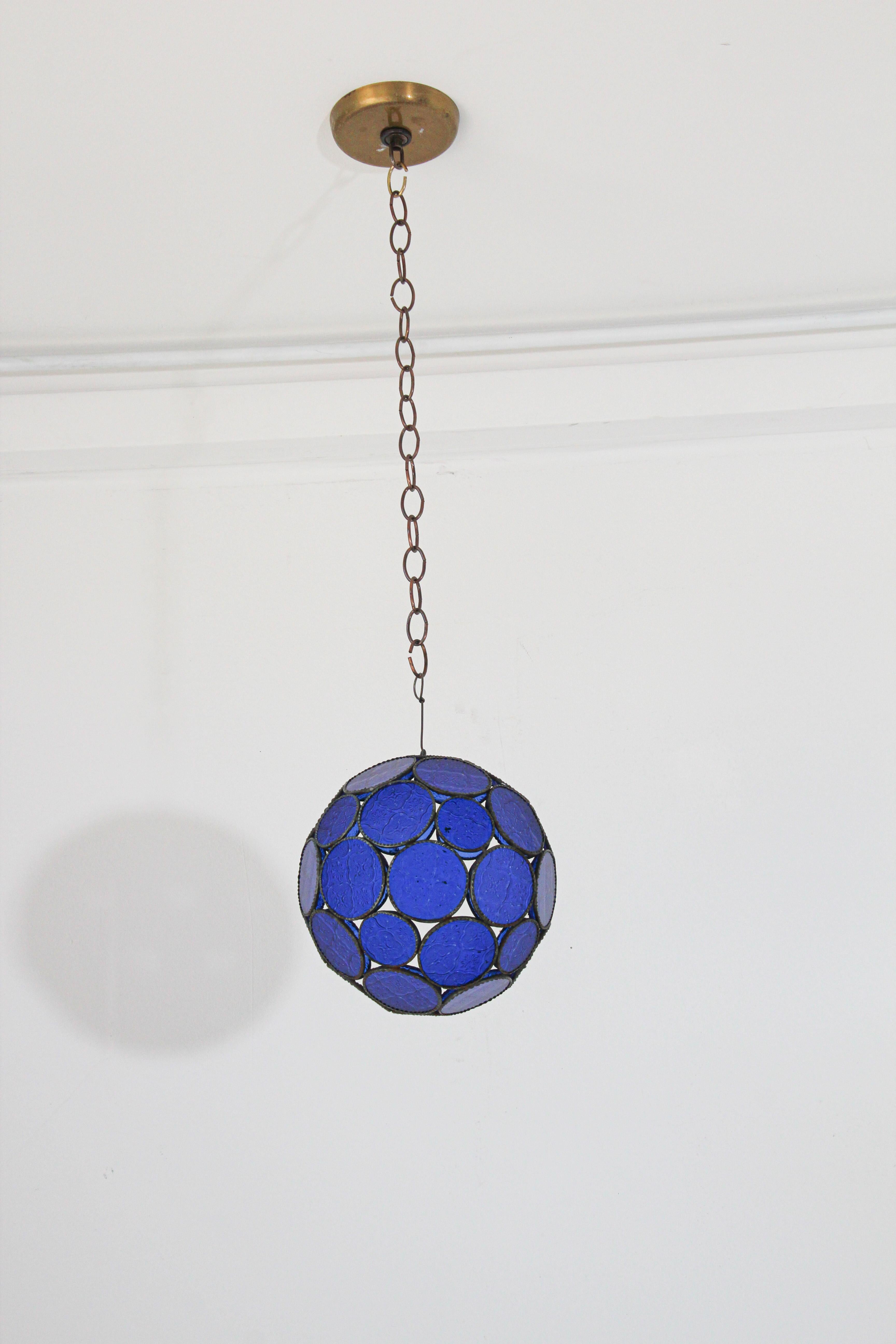 Handcrafted Moroccan Moorish Glass Orb Lantern with Blue Glass For Sale 2