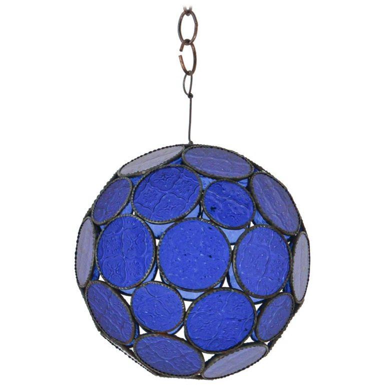 Handcrafted Moroccan Moorish Glass Orb Lantern with Blue Glass For Sale