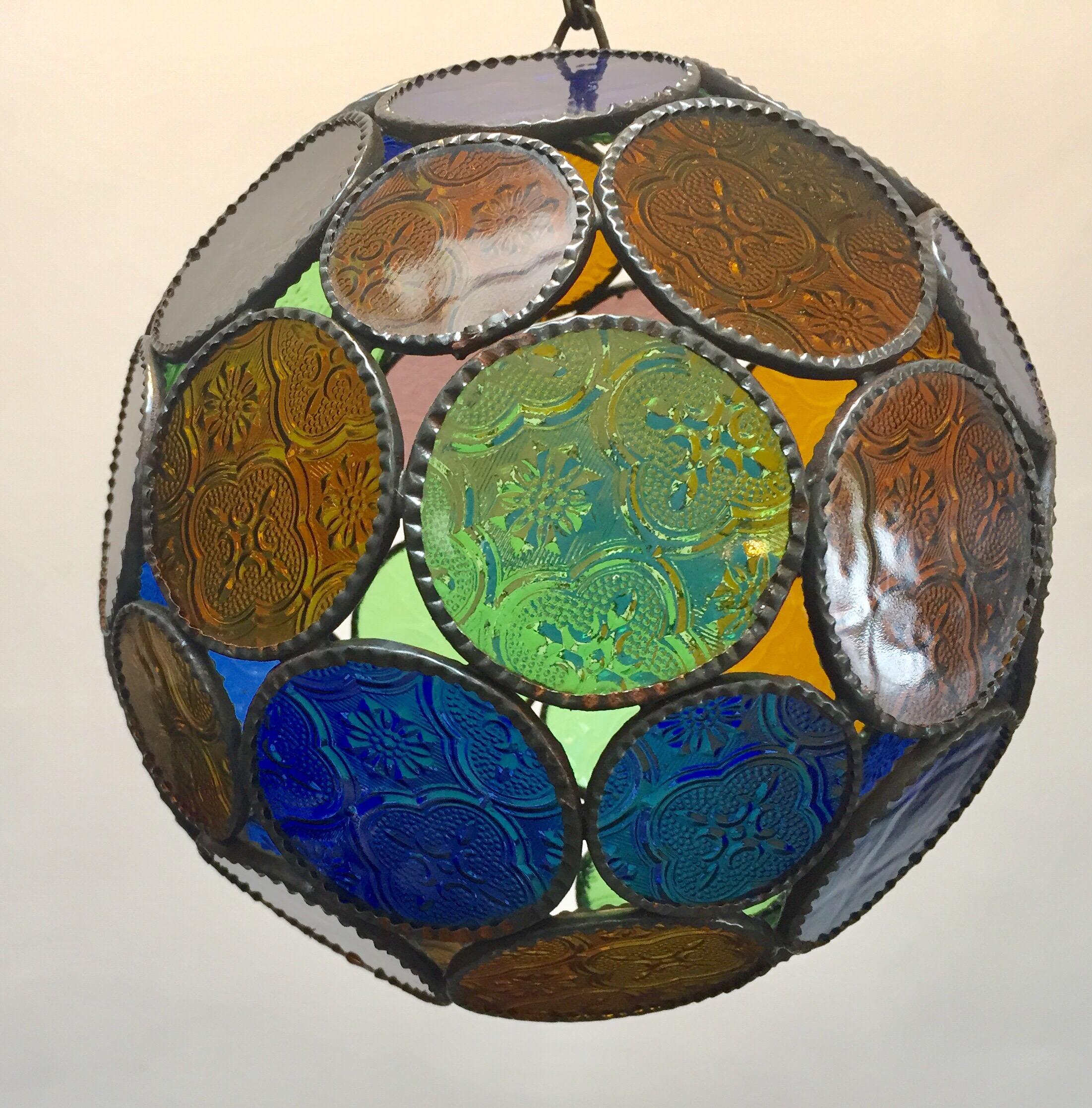 Hand-Crafted Handcrafted Moroccan Moorish Glass Orb Lantern with Multi-Color Glass For Sale