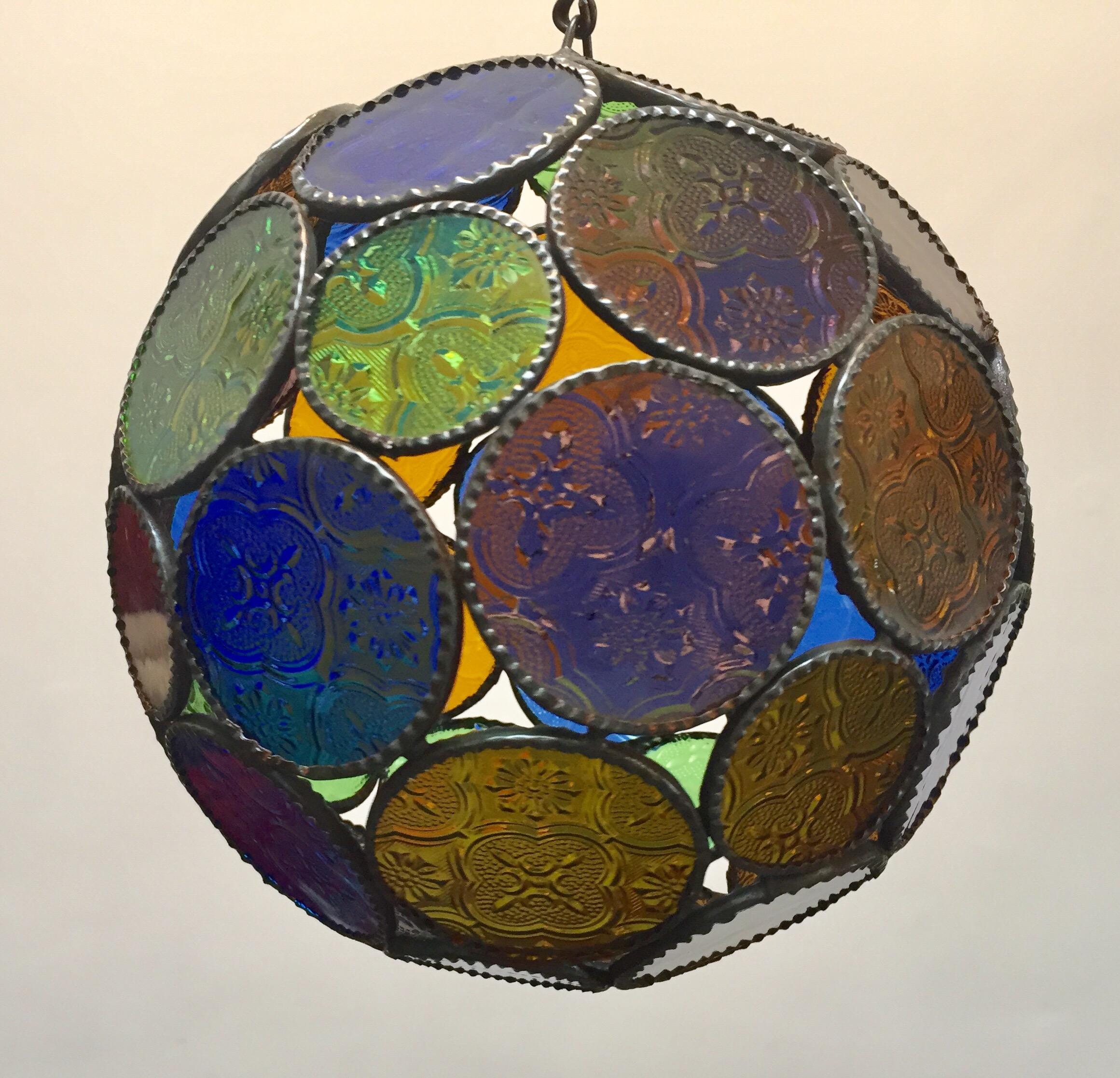 Handcrafted Moroccan Moorish Glass Orb Lantern with Multi-Color Glass In Good Condition For Sale In North Hollywood, CA