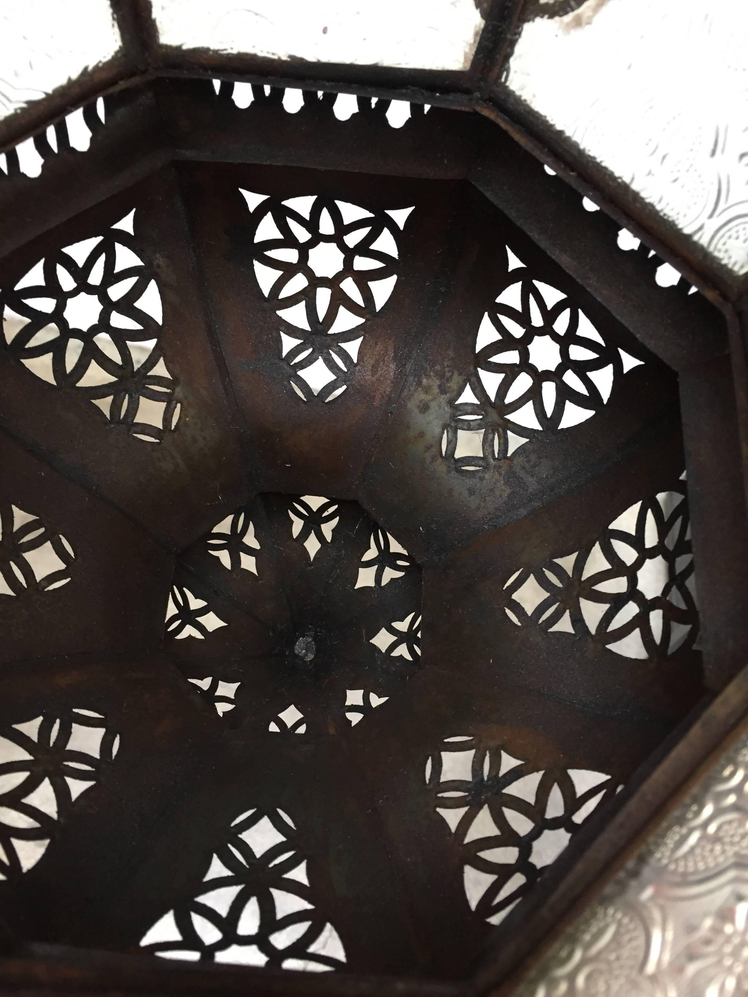 Handcrafted Moroccan Moorish Metal Filigree and Glass Lantern Pendant 6