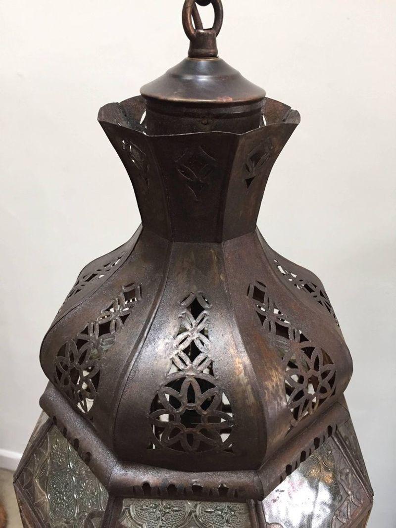 Moorish Moroccan Glass Lantern with Metal Filigree and Clear Glass For Sale