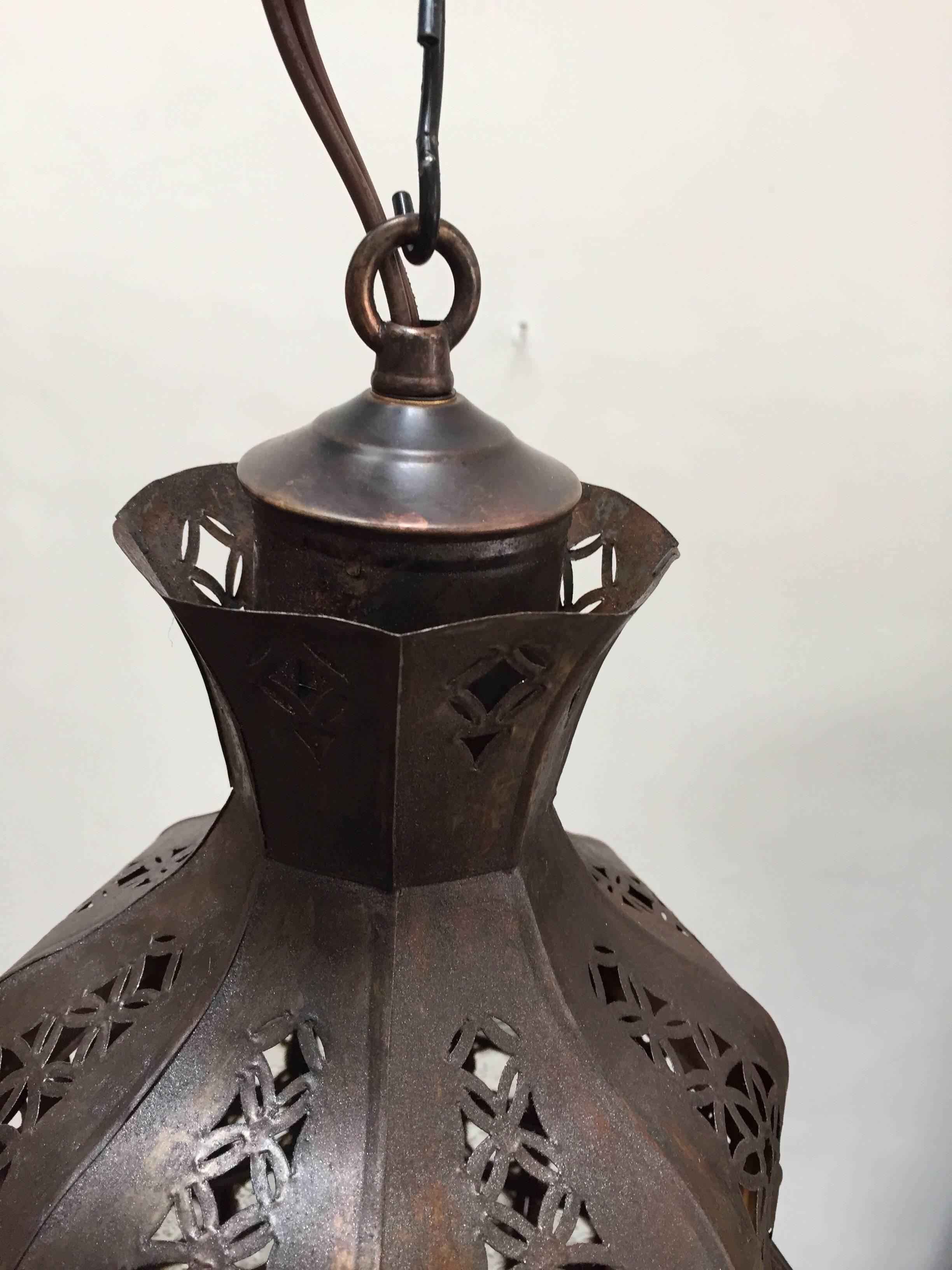 Hand-Crafted Handcrafted Moroccan Moorish Metal Filigree and Glass Lantern Pendant