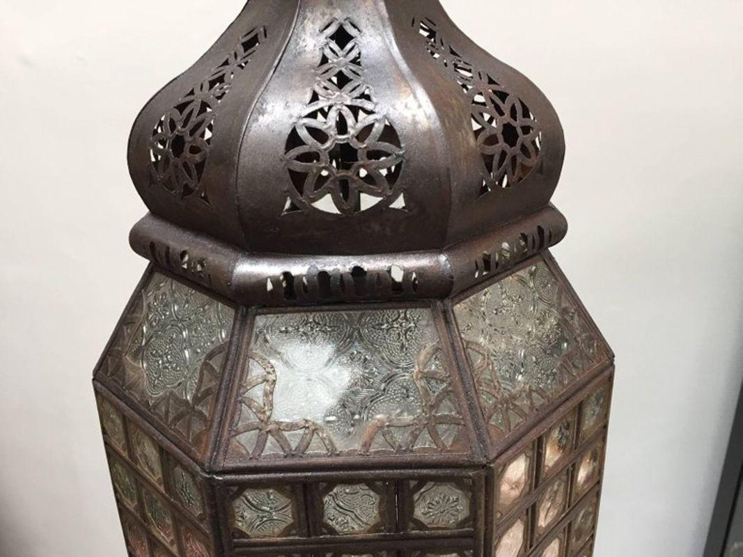 Hand-Crafted Moroccan Glass Lantern with Metal Filigree and Clear Glass For Sale