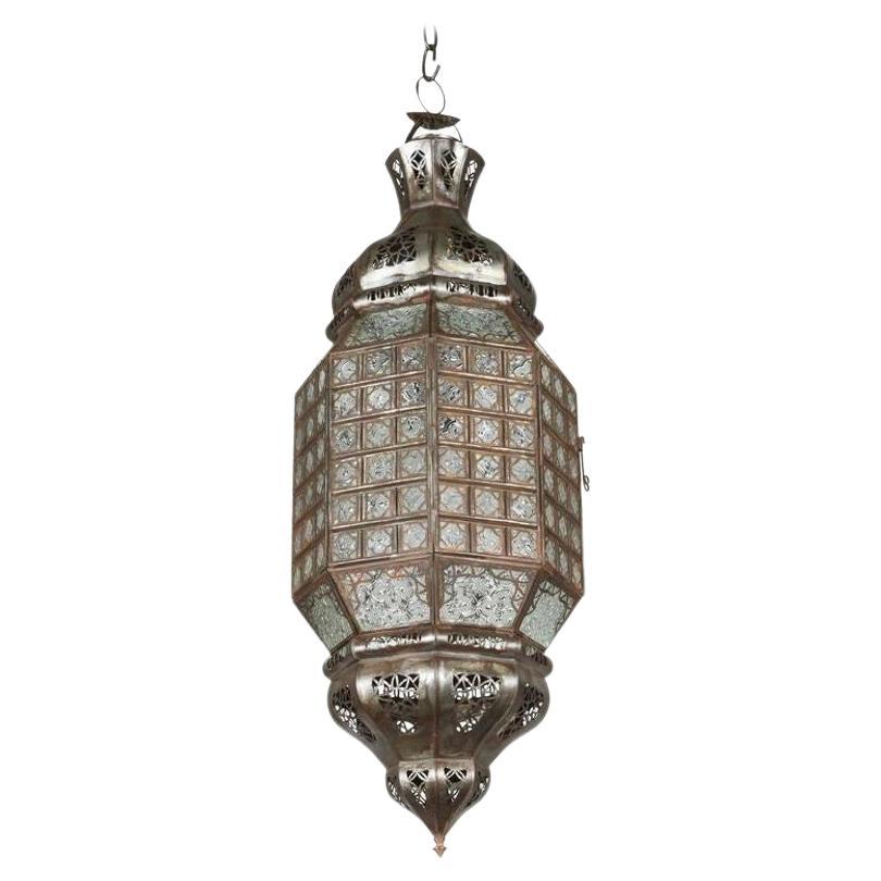 Moroccan Glass Lantern with Metal Filigree and Clear Glass For Sale