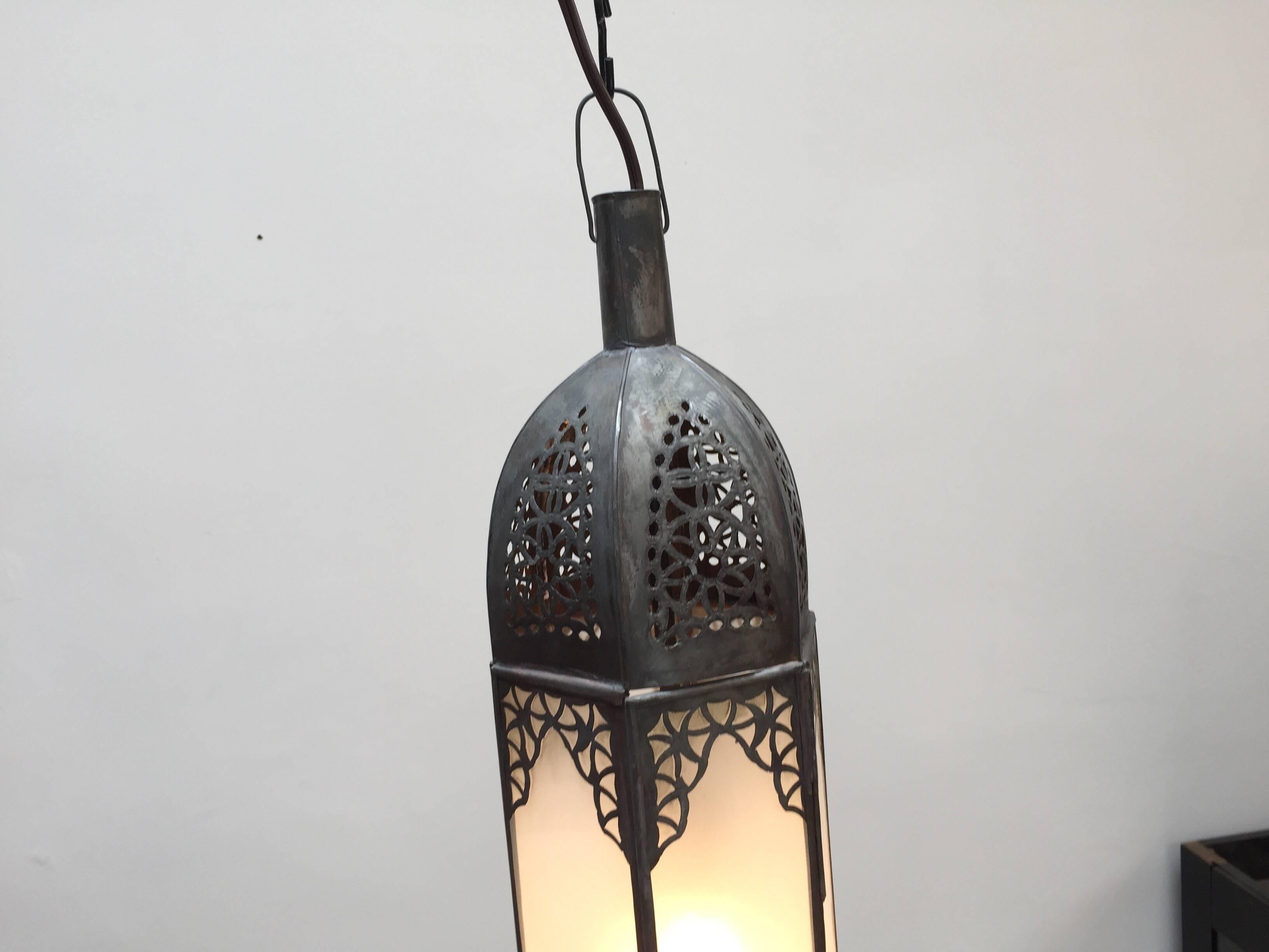 Metal Handcrafted Moroccan Moorish Milky Glass Pendant Light For Sale