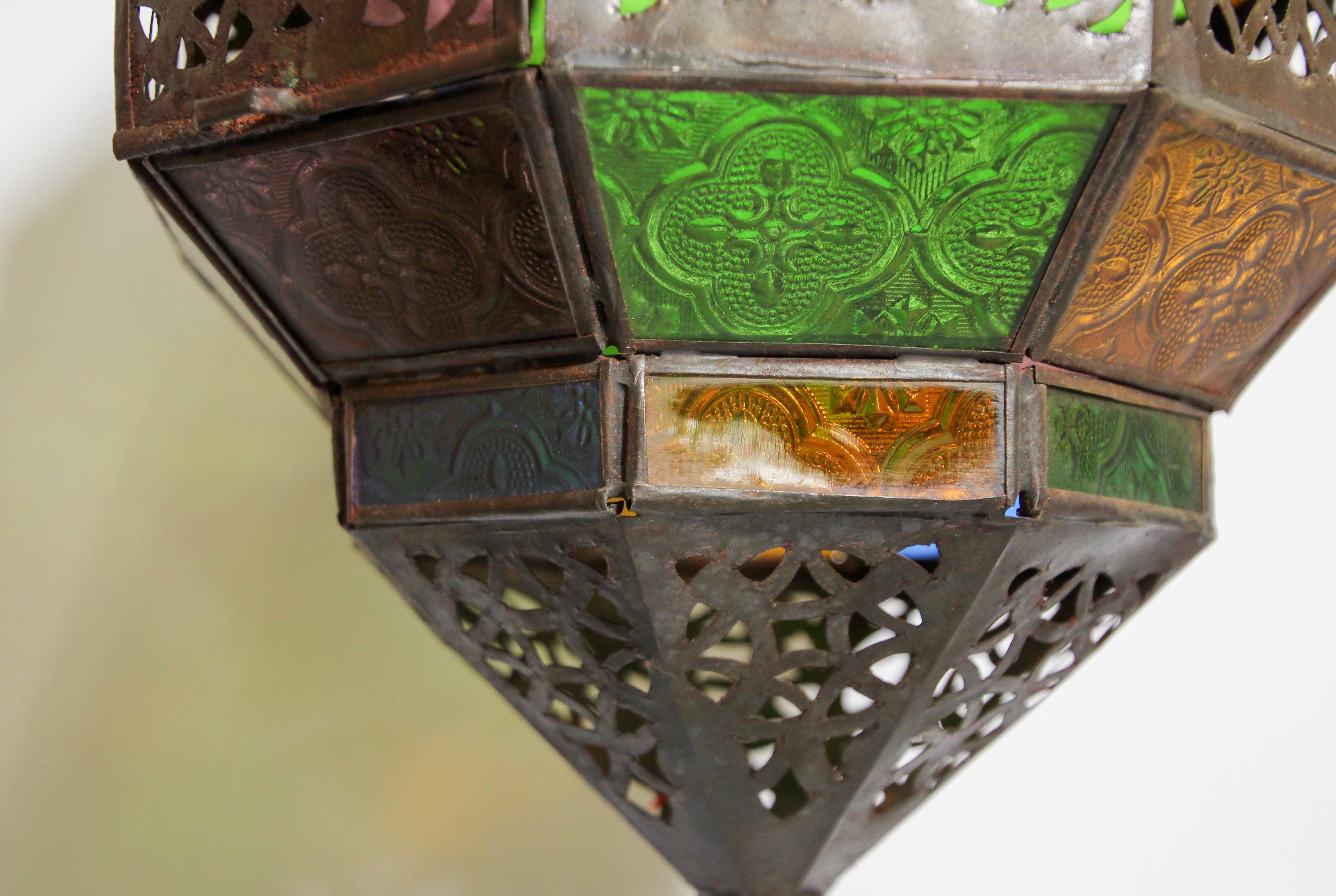 Moroccan Lantern, Handcrafted Octagonal Diamond Shape in Multi-Color Glass  For Sale 3