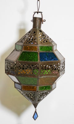 Moroccan Lantern, Handcrafted Octagonal Diamond Shape in Multi-Color Glass