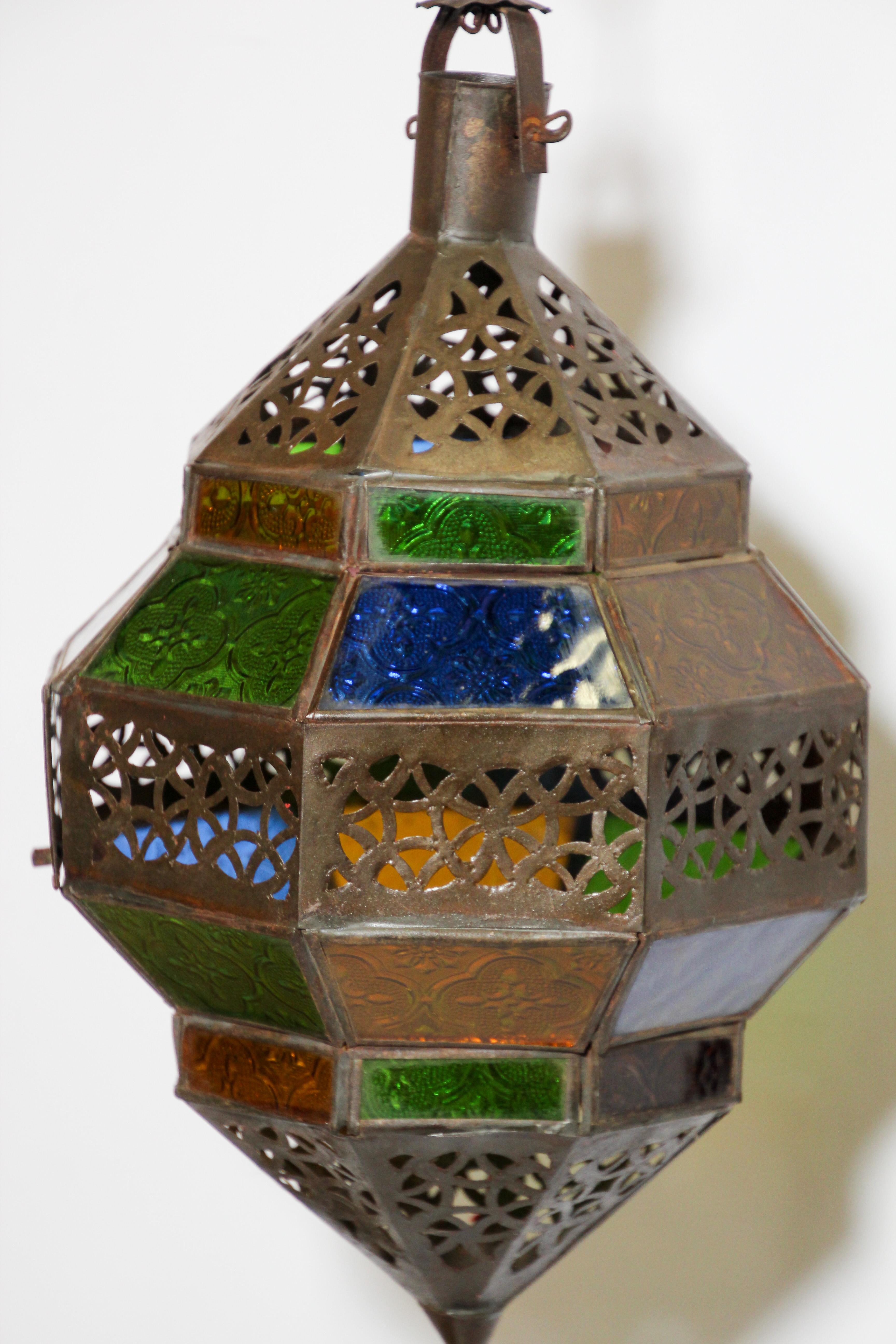 Moorish Moroccan Lantern, Handcrafted Octagonal Diamond Shape in Multi-Color Glass  For Sale