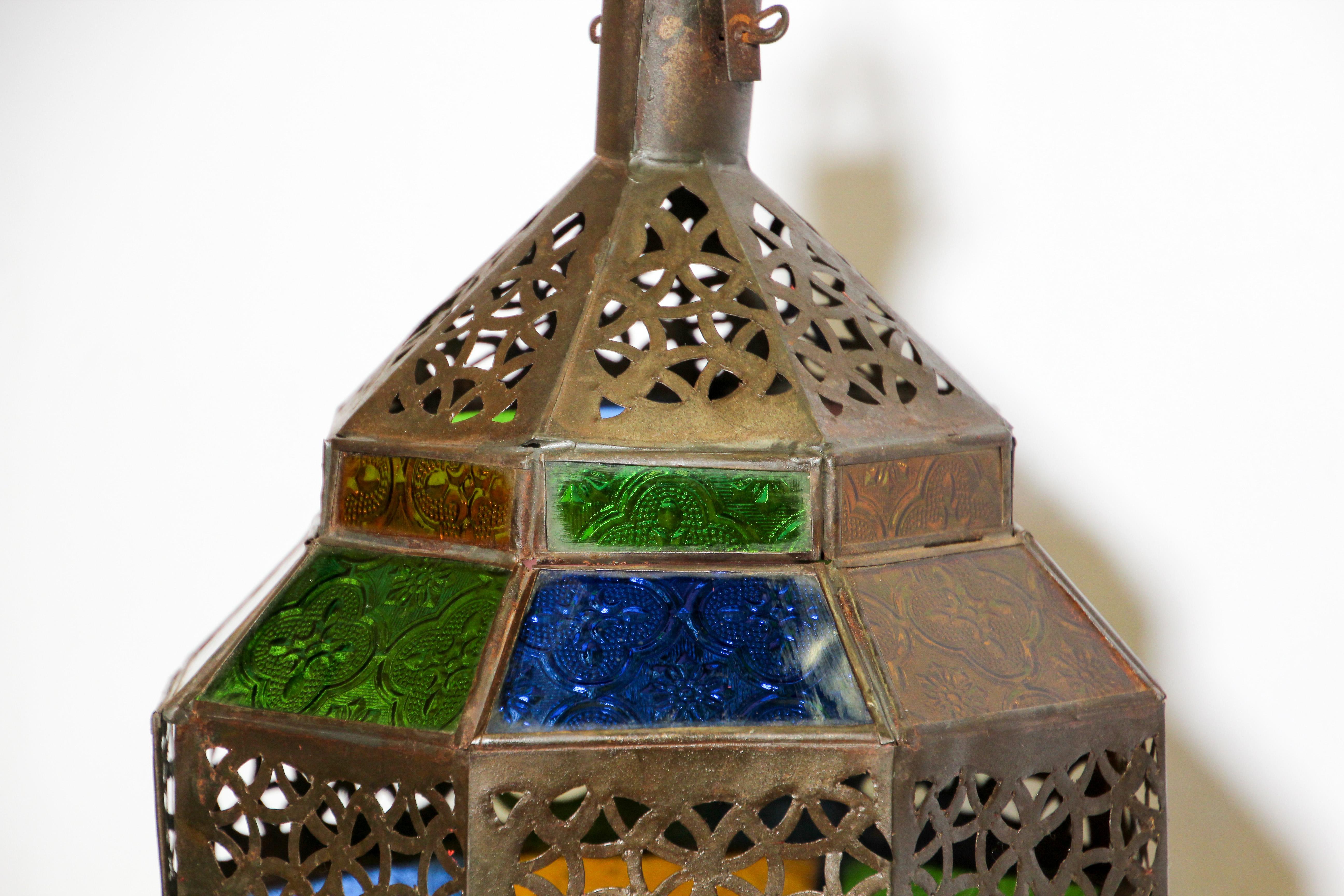 Hand-Crafted Moroccan Lantern, Handcrafted Octagonal Diamond Shape in Multi-Color Glass  For Sale