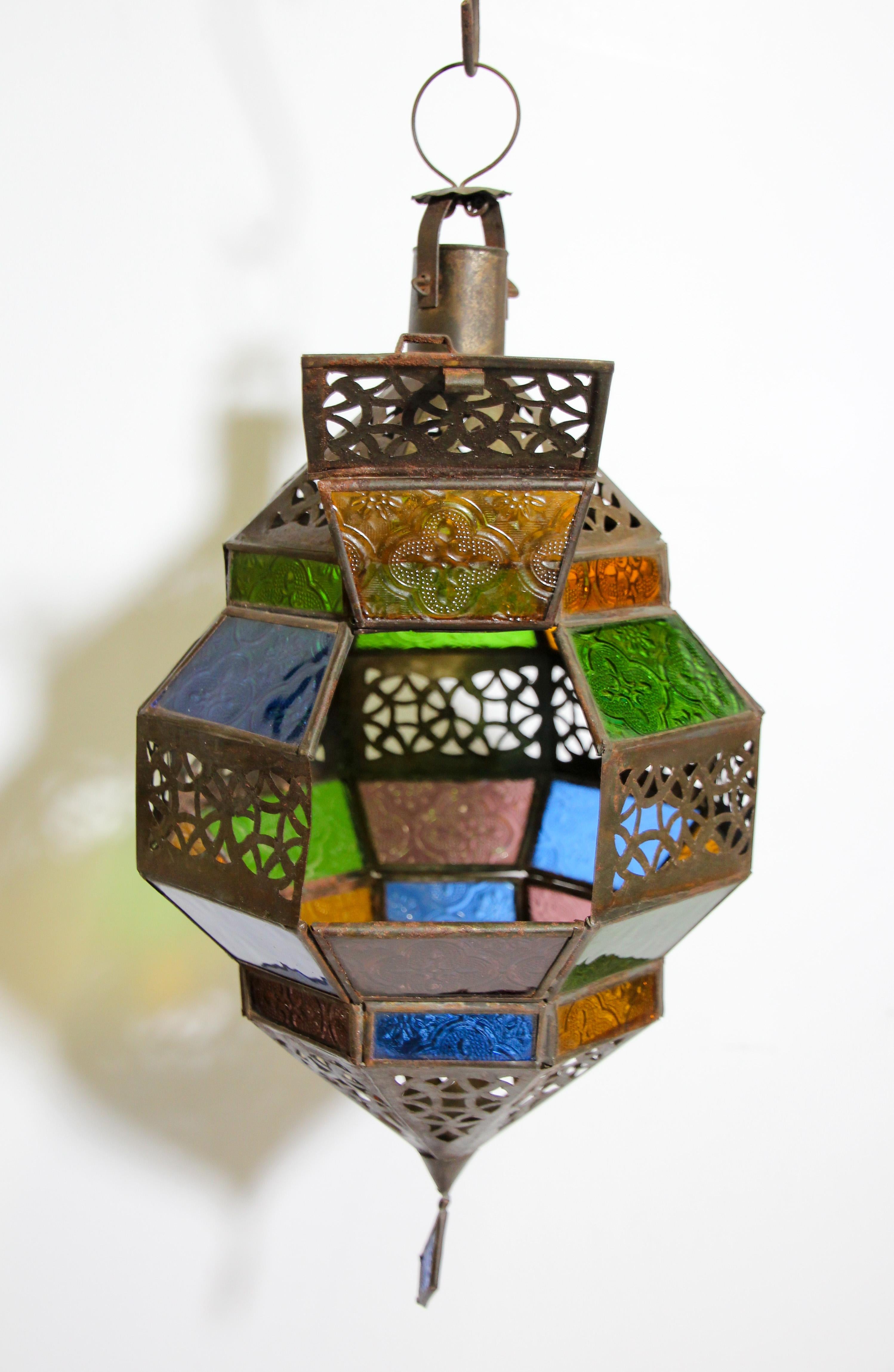 20th Century Moroccan Lantern, Handcrafted Octagonal Diamond Shape in Multi-Color Glass  For Sale
