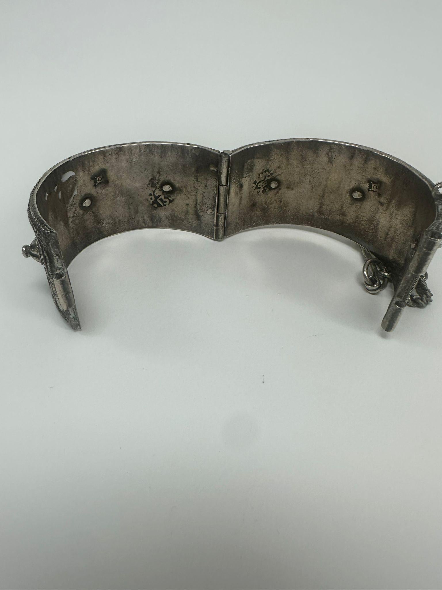 19th Century Handcrafted Moroccan Silver Bracelet with Enamel, Jewish Bridal Jewlery For Sale