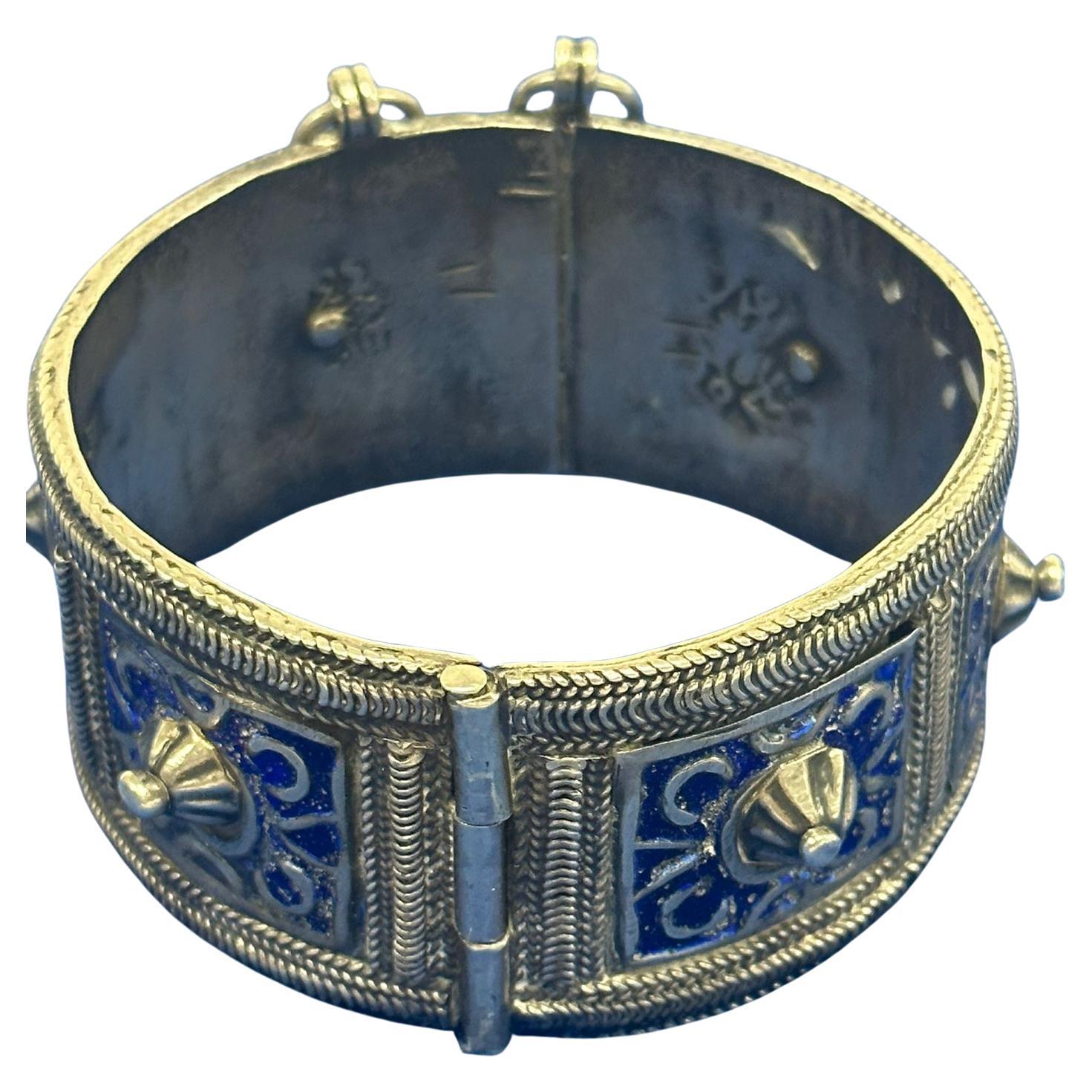Handcrafted Moroccan Silver Bracelet with Enamel, Jewish Bridal Jewlery