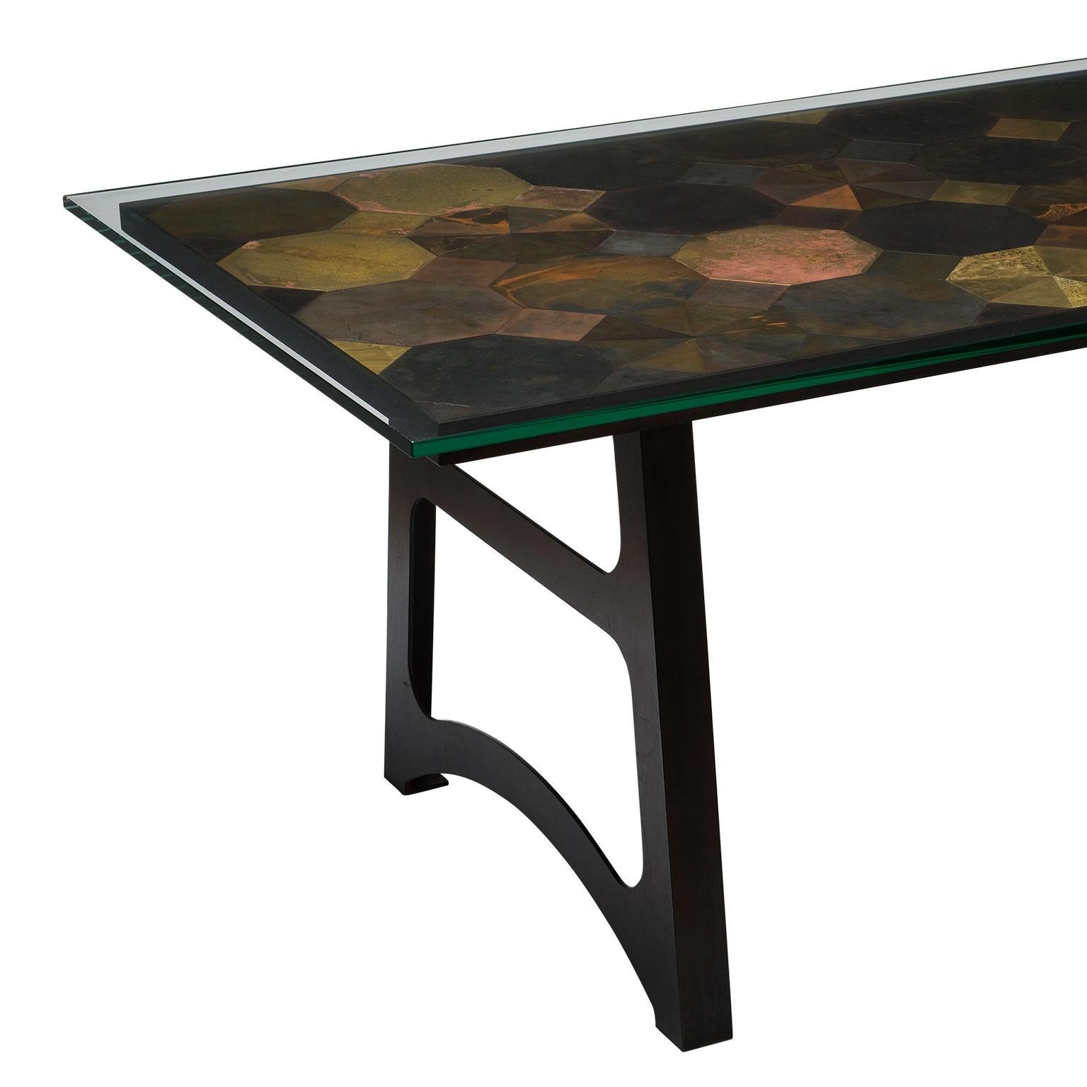 British Handcrafted Mosaic Dining Table with Brass and Steel Tiles For Sale