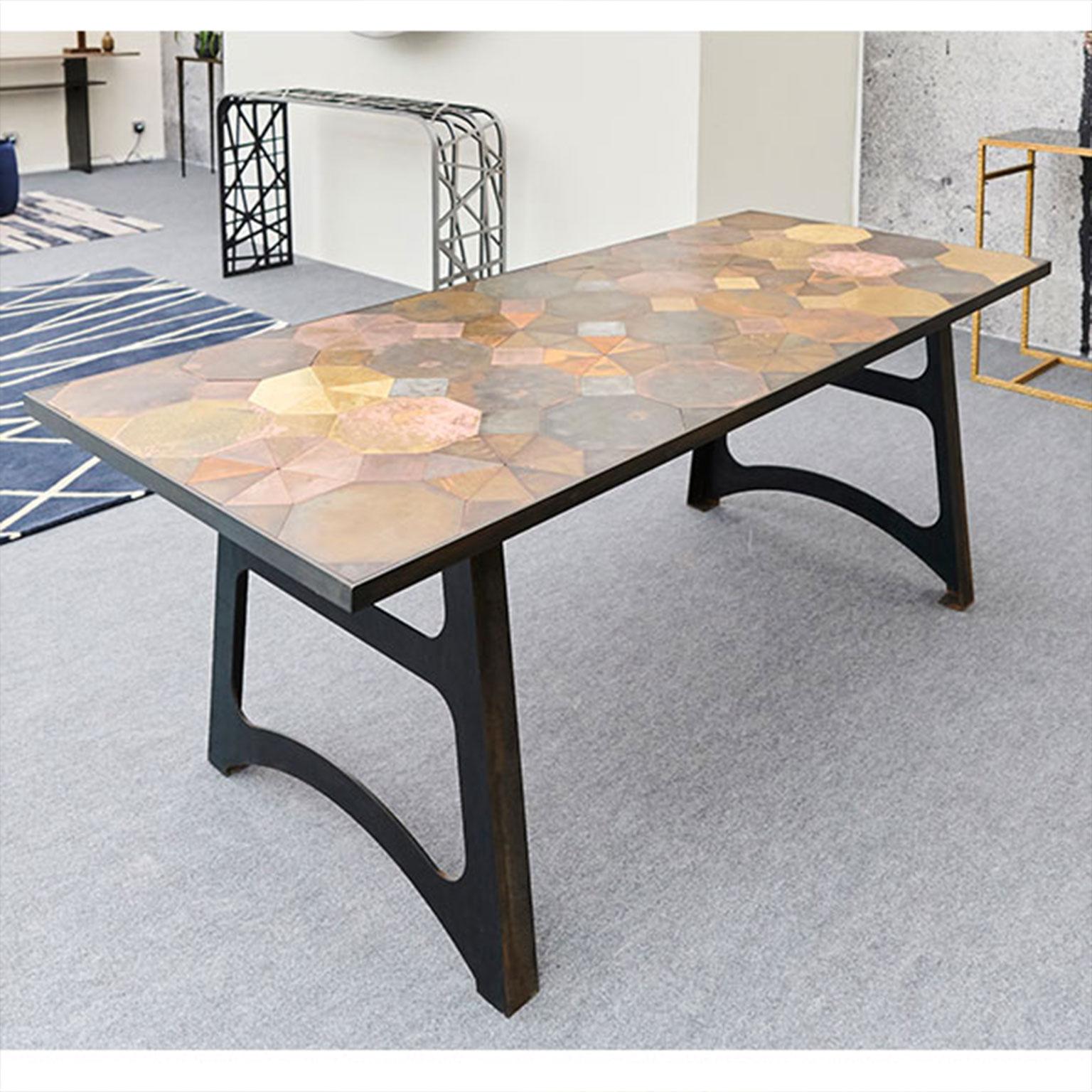 Handcrafted Mosaic Dining Table with Brass and Steel Tiles For Sale 1